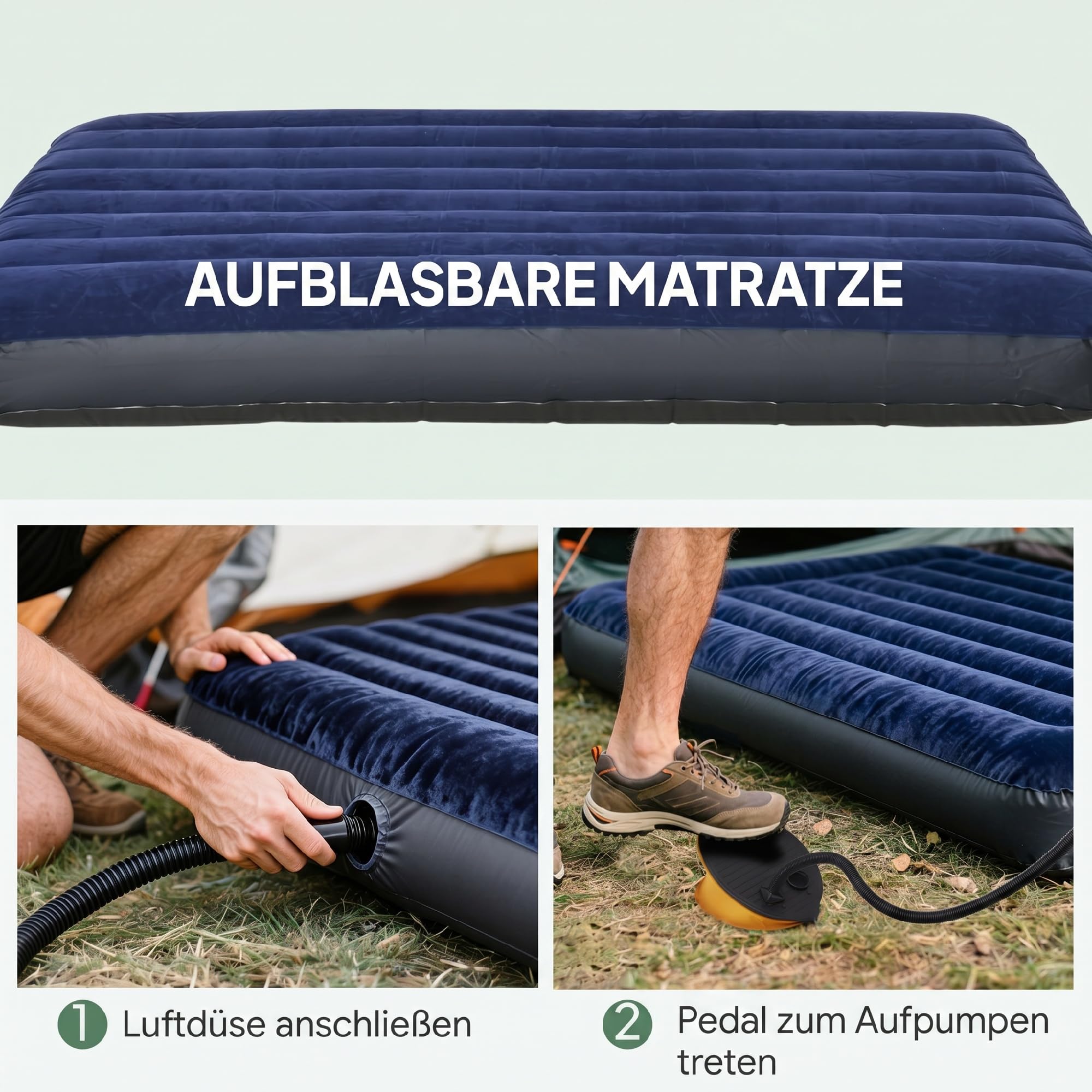 Outsunny Erhöhtes Campingbett und Zelt, Feldbett, Kuppelzelt mit Luftmatratze, inkl. Pumpe, TAFT, Grün, 193 x 136 x 178 cm