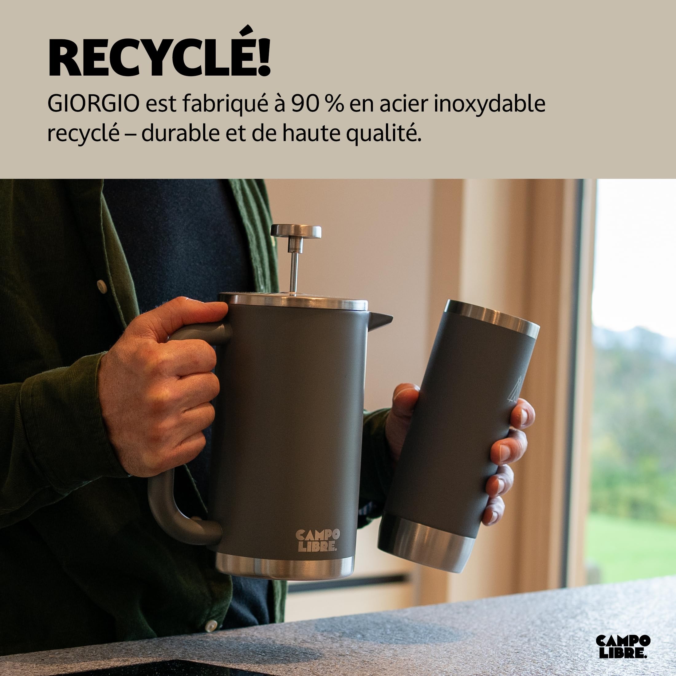 Campo Libre.® GIORGIO – Cafetiere a Piston en Acier Inoxydable Recyclé, Double Paroi Isotherme, Sans Plastique – French Press avec Filtre de Rechange – Passe au Lave-Vaisselle. Vert, 1000ml, 1l
