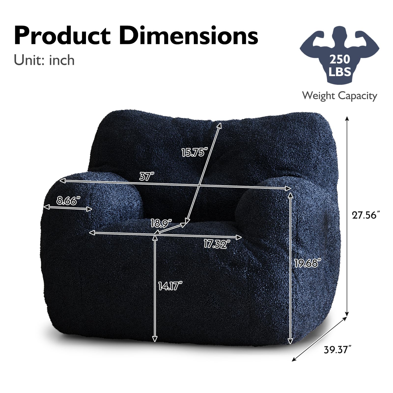 COCONINO WJ Bean Bag Chair, Filled Beanbag Chair for Living Room, Stuffed Beanbag Chairs, Comfy Bean Bag Chairs with Filling (Teddy Fabric in Dark Blue Set of 2, 39.37