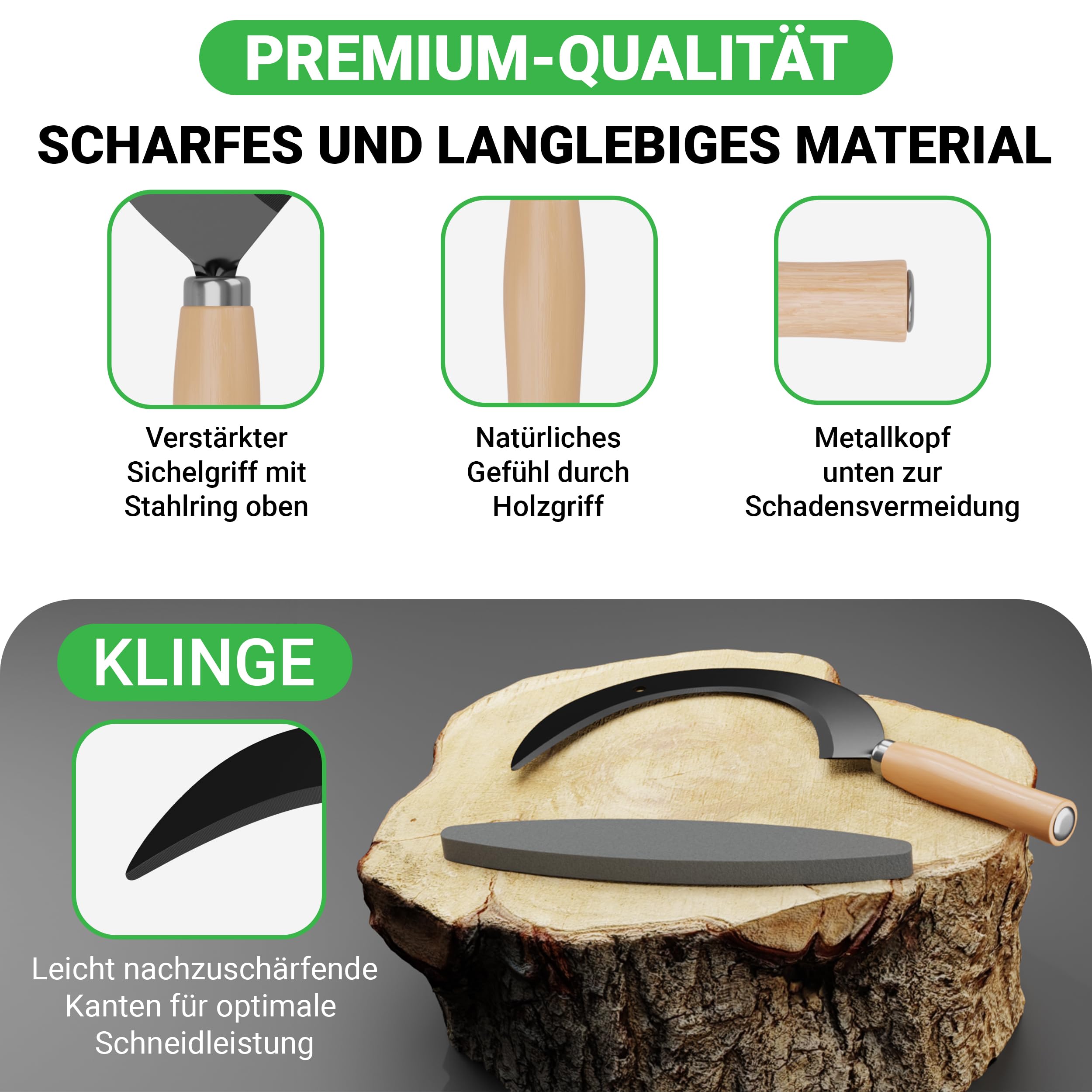 Rundsichel mit Holzgriff - traditionelle scharfe Sichel - nachhaltige Handsense 35x22 cm- inklusive Gratis Schleifstein – robuste Sensensichel für Gras