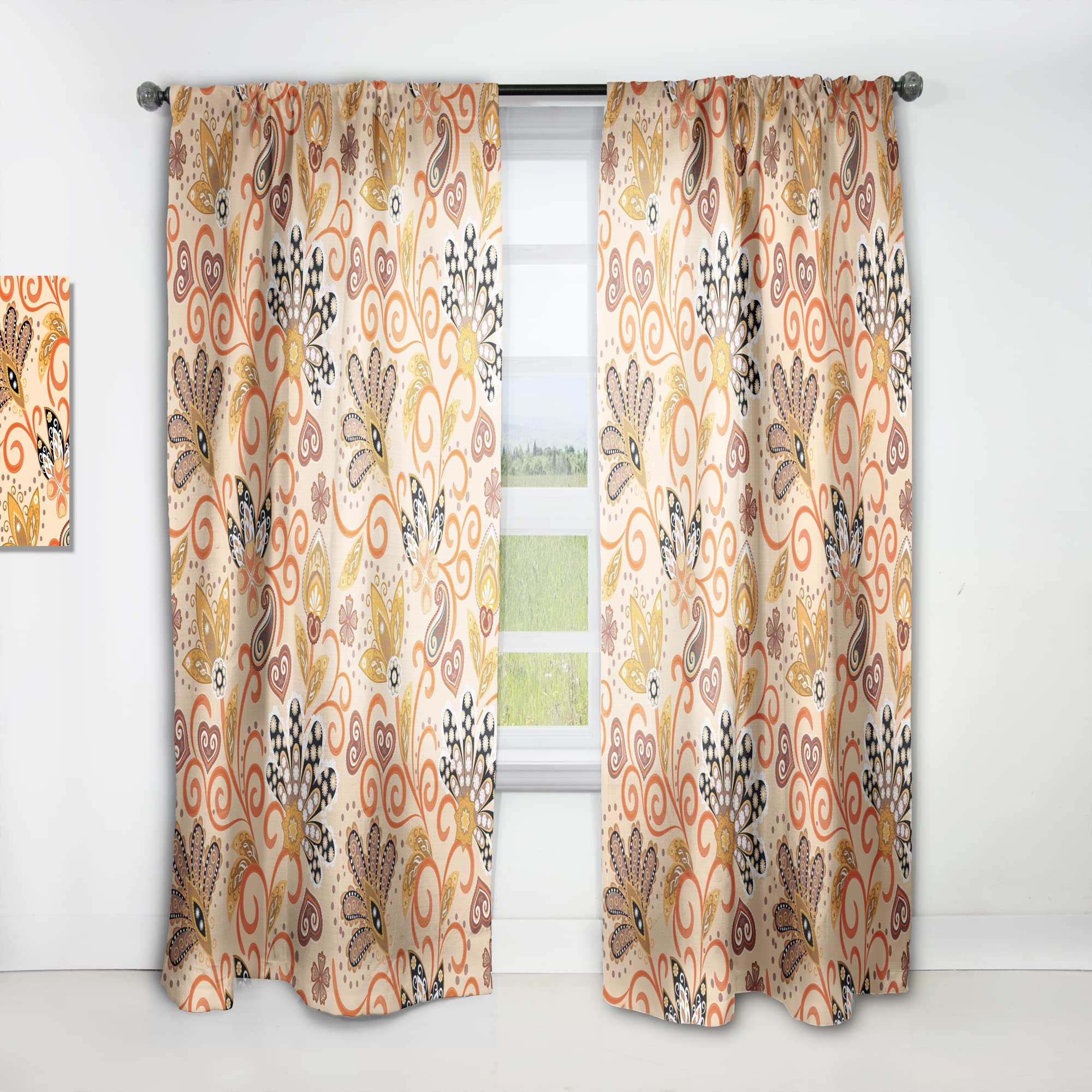 Rideaux rétro indien floral batik III DesignQ grand panneau de salon