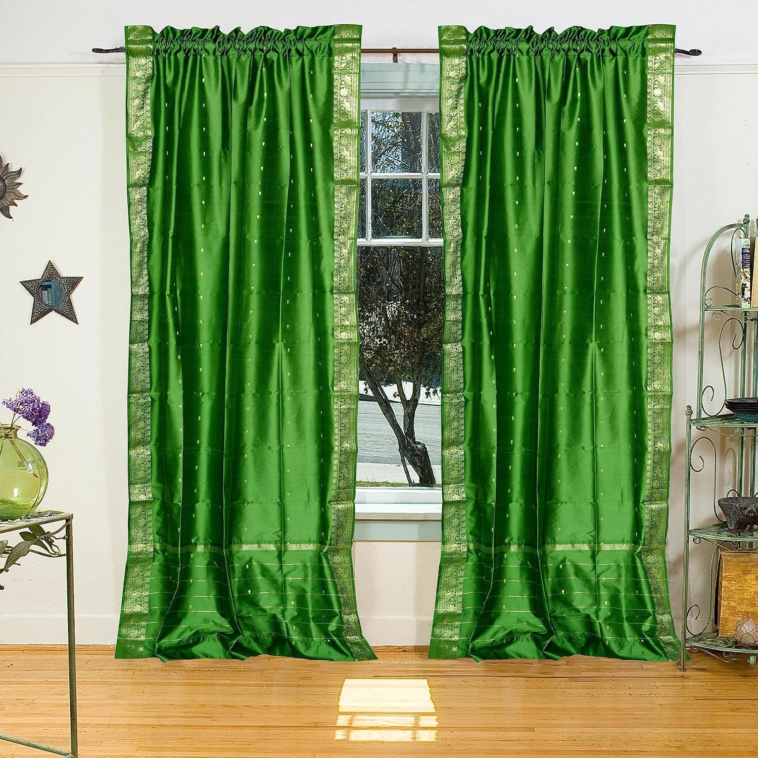 Rod Pocket Sari Curtain 80" W x 84" L - Handcrafted Forest Green Indian Drapes, Unlined for Light & Airy Ambience, Ideal for Living Room/Bedroom, Sold in Pairs