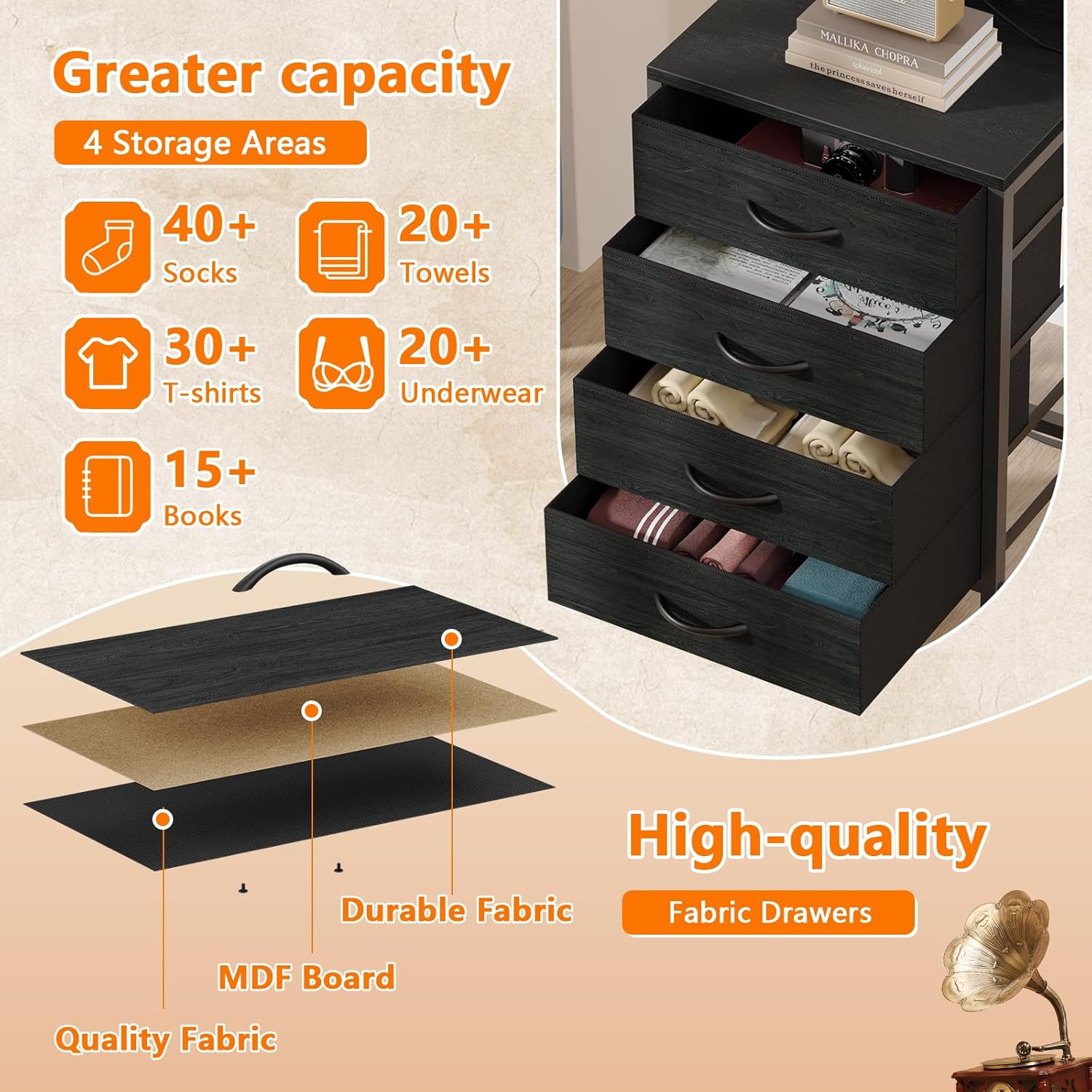 Furnulem Tall Nightstand with Charging Station, Night Stands with LED Lights and Storage Shelves, Bed Side Table for Bedroom, Hallway, Office, 4 Fabric Drawers (Black Oak) - Image 7