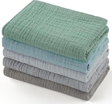 Baby Washcloths,Muslin Burp Cloths Towels for Newborns,Absorbent Cotton Bath Face Towel ,5 Pack, 12x12 Inches Coastal Calm