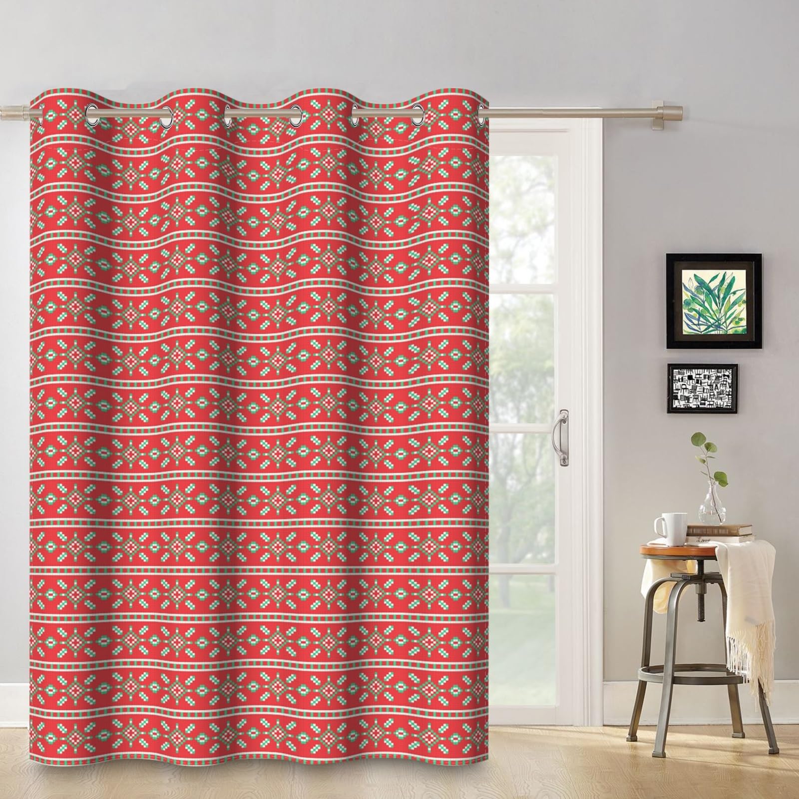 ggaimwf 42"x 63" Vintage Geometric Pattern Eyelet Curtain Red Green Snow Winter Grommet Room Dividers Blackout Window Drapes for Christmas Decoration Girls Boys Bedroom Living Room,1-Single Panel - Image 3