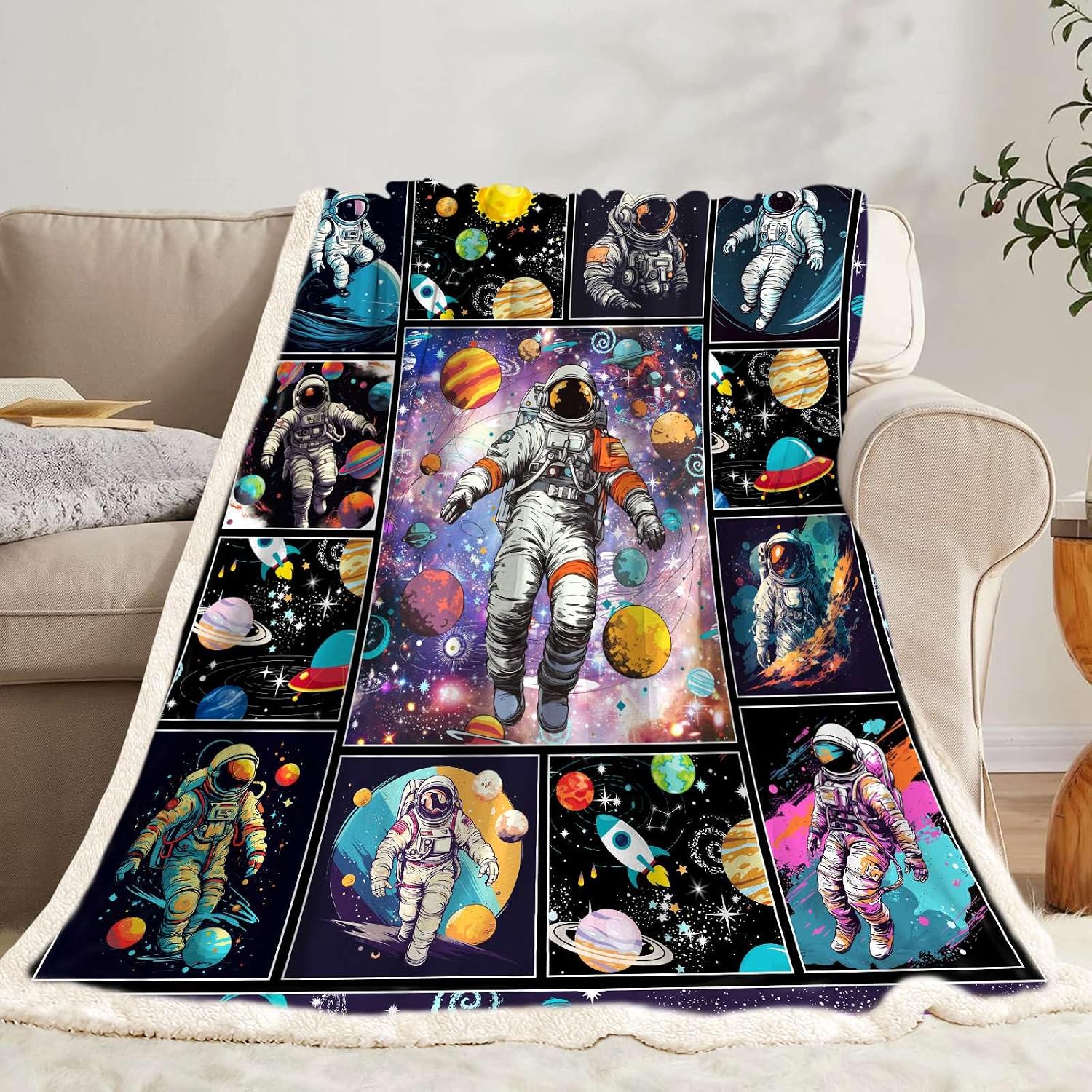 Outer Space Universe Galaxy Blanket, Astronaut Blanket for Teens Kids Boys Girls Birthday Bed Couch Decor 60"x50"