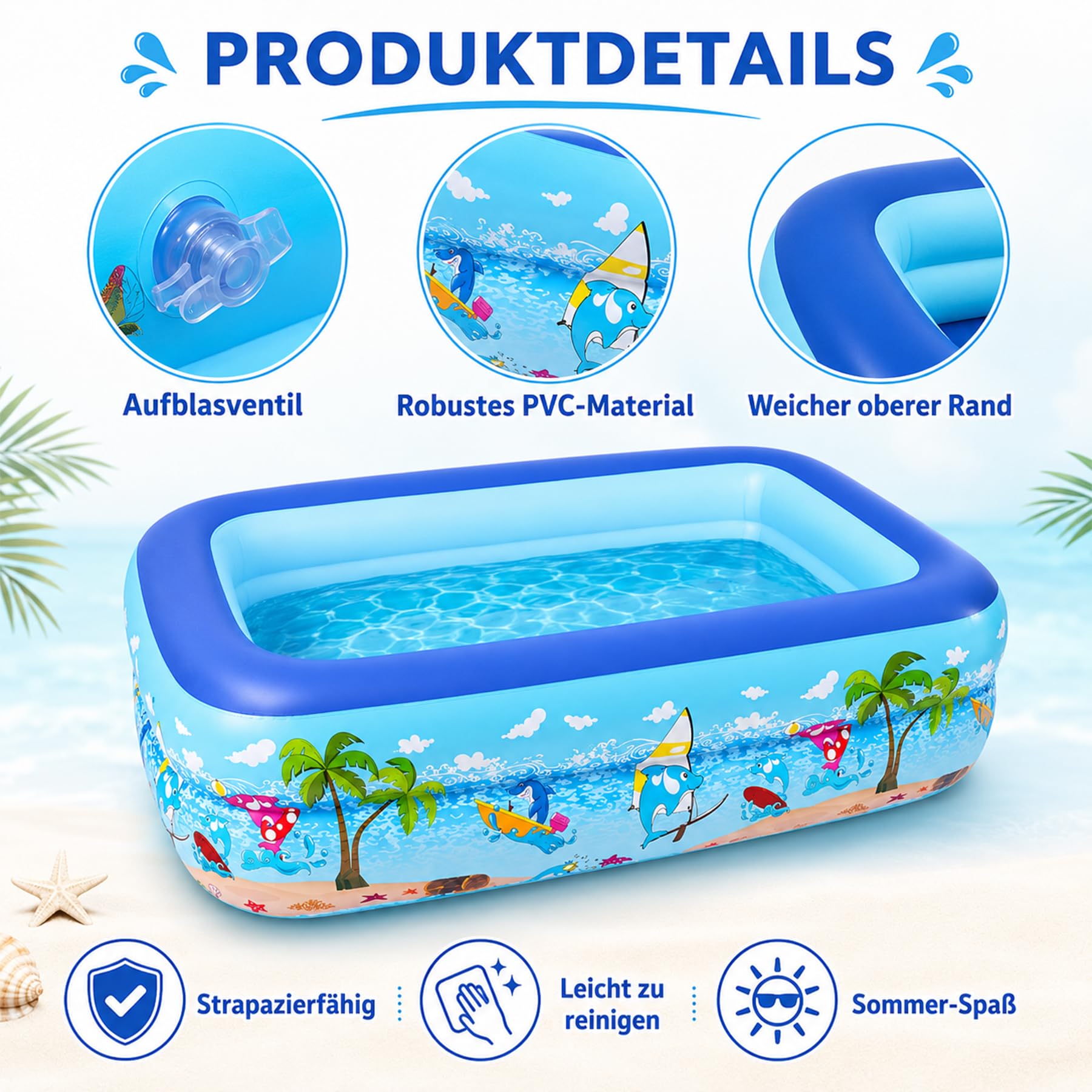 Planschbecken für Kinder,Kinderpool,Planschbecken Eckig,Planschbecken Deep Dive 105 x 75 x 30 cm,Pool für Sommer Strand Garten Wasserspaß