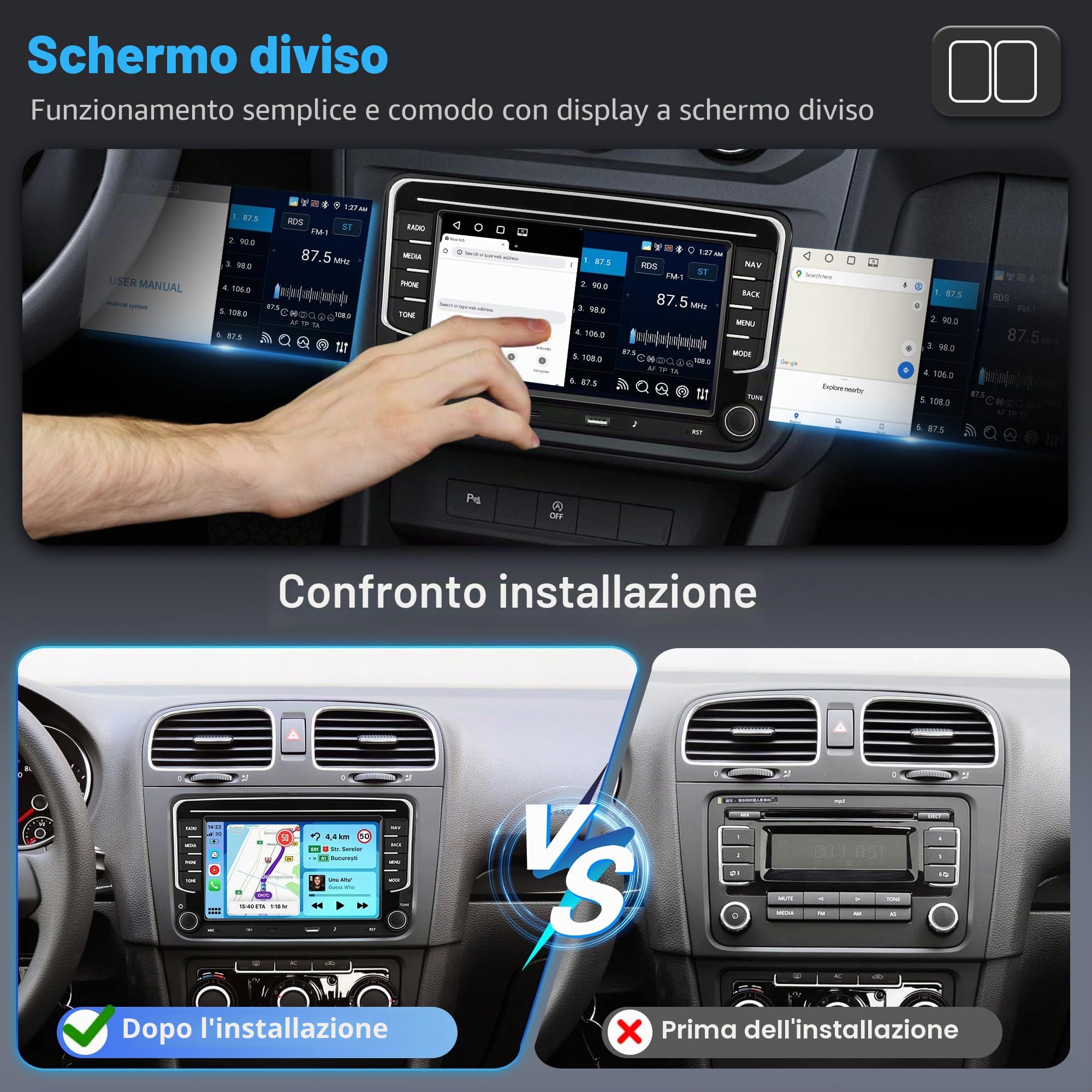 4G+64G 7" Autoradio Android per VW Golf 5 6 Passat Jetta Caddy EOS T5 Tiguan Touran CC Polo Wireless Carplay Autoradio 2 Din con Android Auto GPS Navi WiFi Bluetooth FM/RDS/EQ Telecamera Posteriore