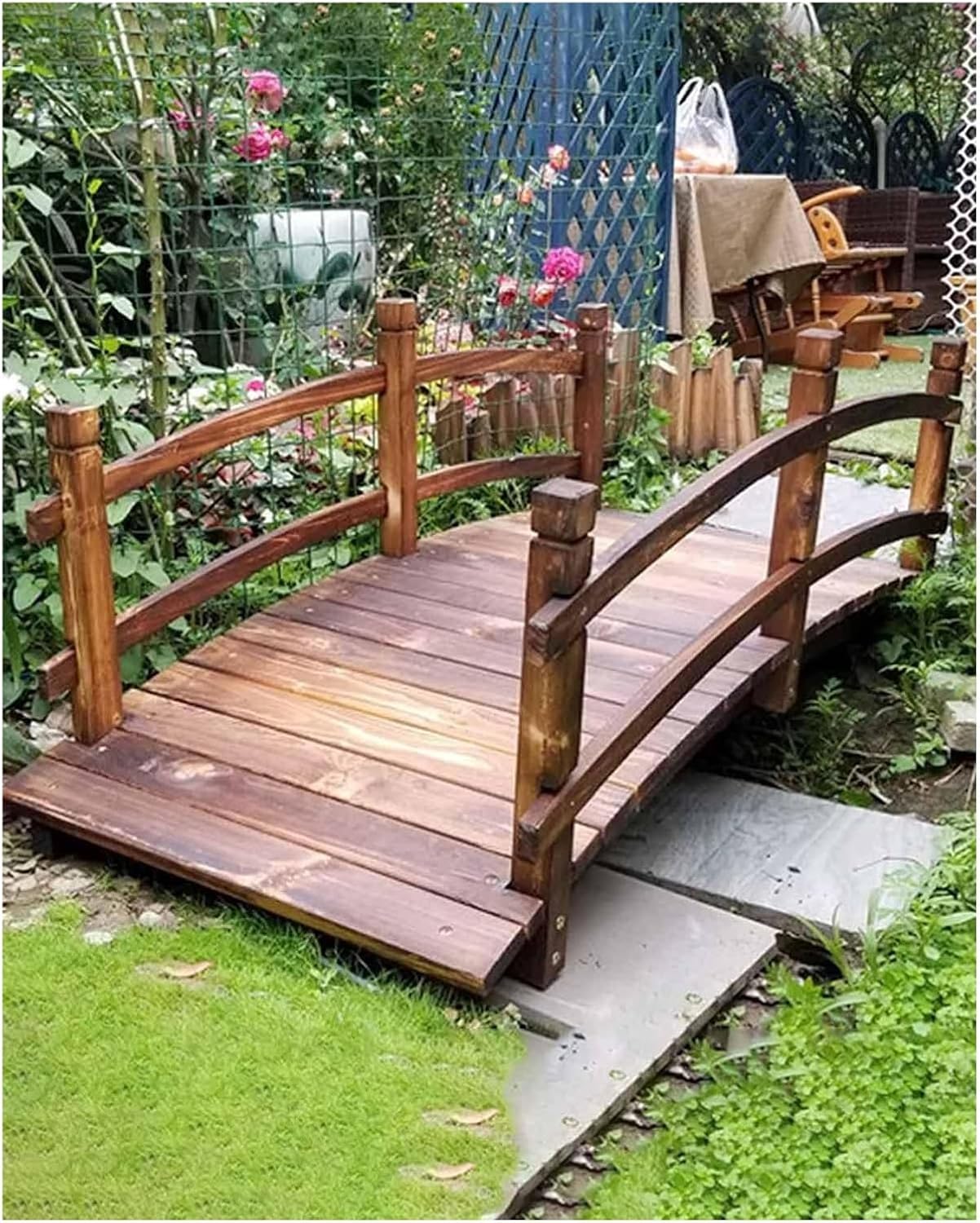 Wooden Garden Bridge, Wood Arc Footbridge, Small Decorative Pond Bridge with Side Rails, Rustic Arched Garden Bridge for Yard Walkway Landscape