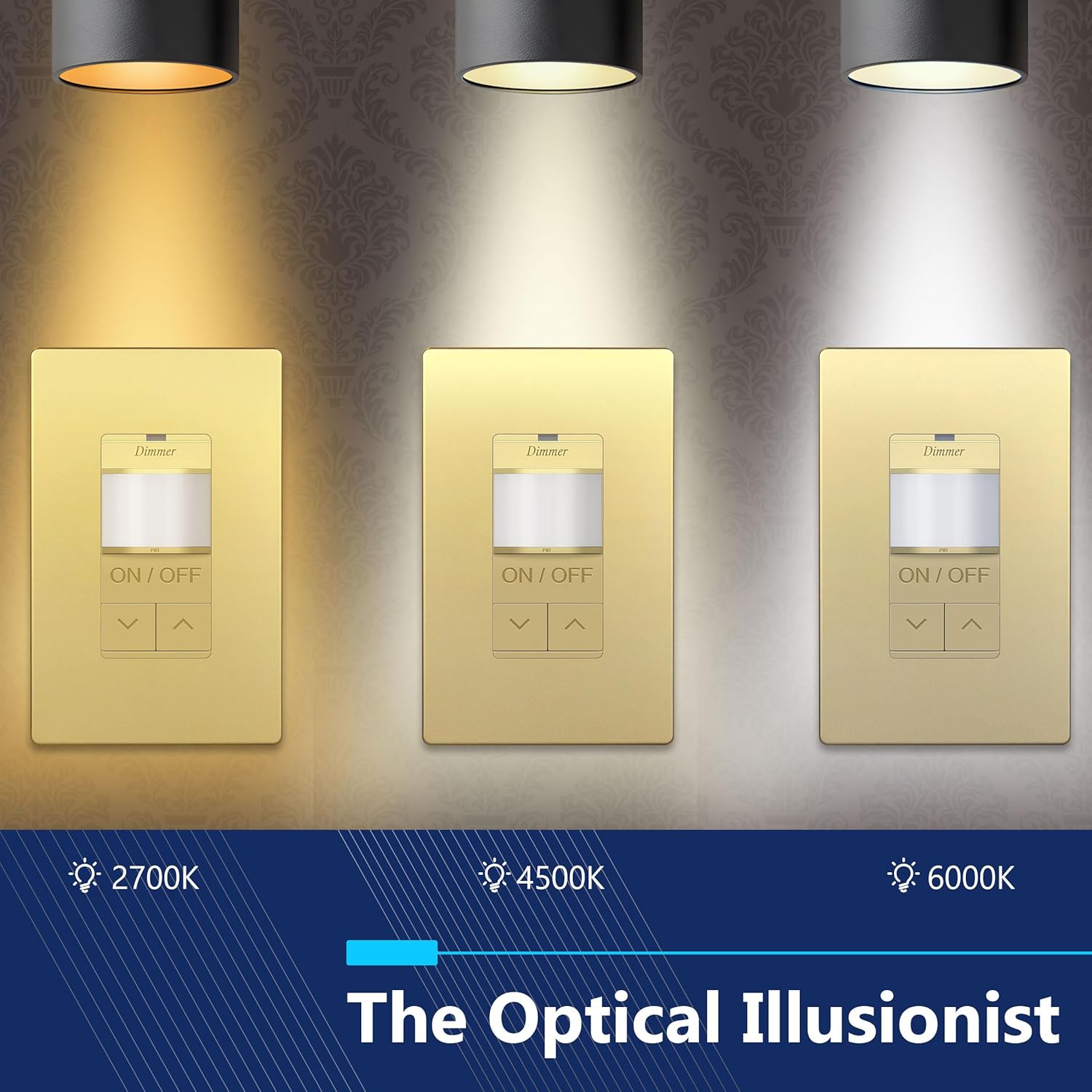 LIDER Motion Sensor Dimmer Switch for Dimmable 200W LED/CFL Lights, 3-Way, 120 V, Modern Upgrade, No Neutral Required, No Ground Required, UL Listed, Screwless Wall Plate Included, Gold