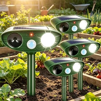 4 Pack Upgraded Sonic Deer Repellent Devices,Solar Ultrasonic Animal Repeller Outdoor for Racoons,Squirrels,Cats,Rabbits,Skunks & Foxes,Waterproof Motion Sensor Animal Deterrent for Garden Yard