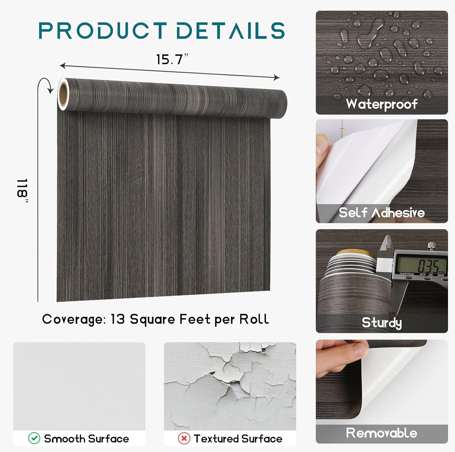 VEELIKE 15.7''x118'' Charcoal Grey Wood Contact Paper Peel and Stick Wood Wallpaper Textured Wood Grain Contact Paper for Cabinets Countertops Waterproof Removable Adhesive Wood Vinyl Wrap for Table