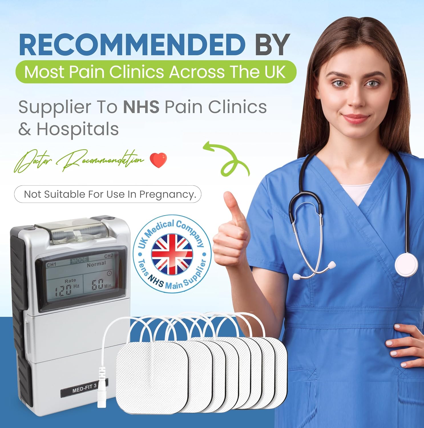 Close-up of two electrode pads connected to leads, showing the 2mm pin connectors and the multi-layered structure of the electrode for high conductivity and flexibility.