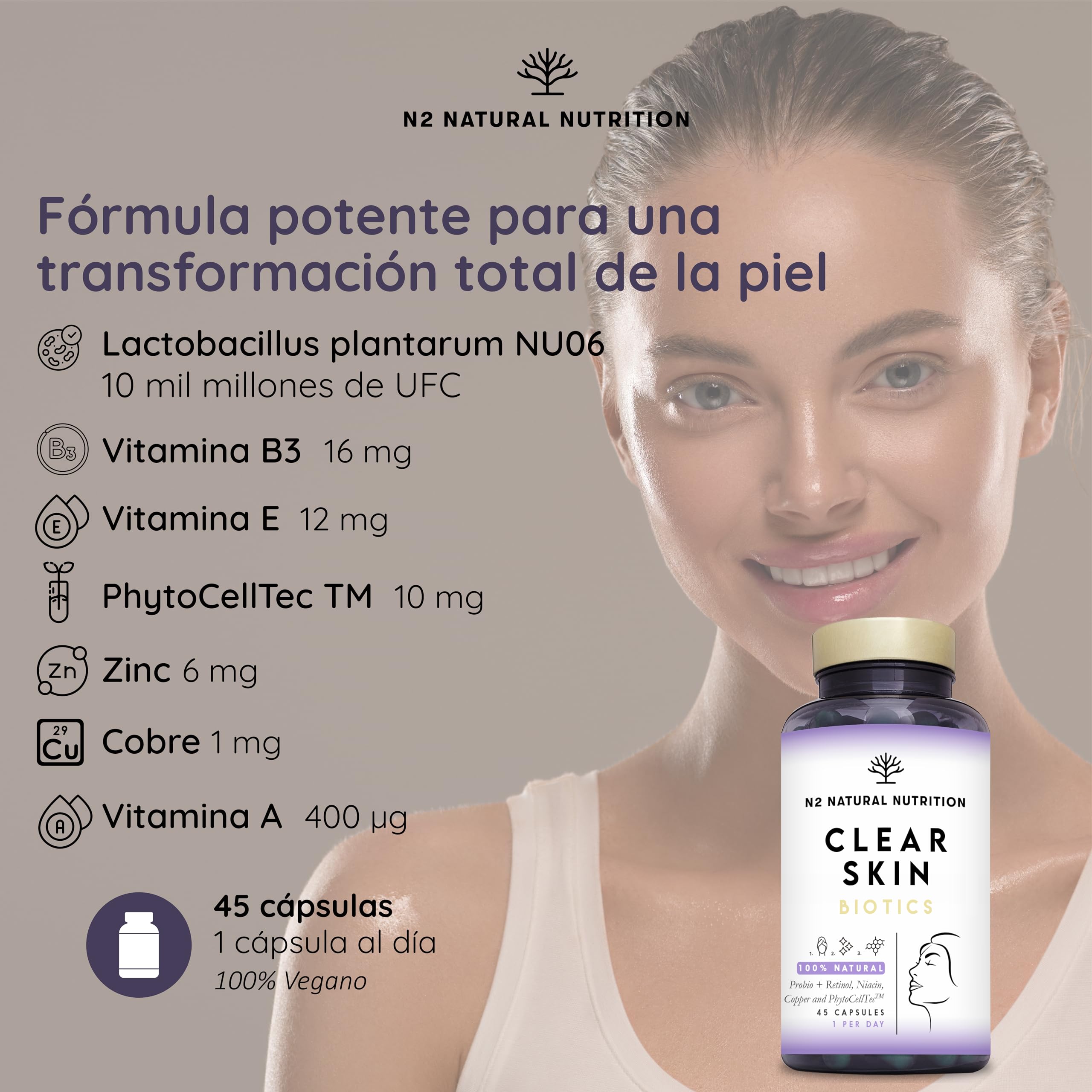 Tratamiento Natural Corrector Anti Acne, Reduce Manchas e Imperfecciones. Mejora Elasticidad, Firmeza y Luminosidad de la piel. Skincare. Zinc y Vitaminas. Probióticos con PhytoCellTec™ . CE