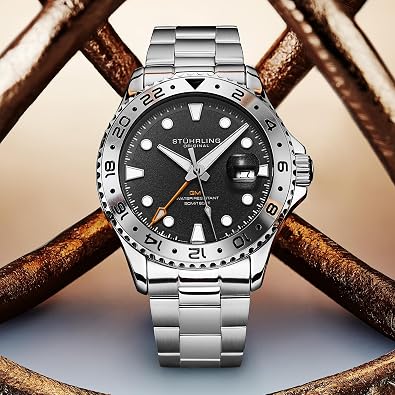 Stuhrling Original Equinox GMT 4077 Men's Quartz GMT Watch Dual-Time Movement, Bi-Directional Bezel, Stainless Steel Bracelet