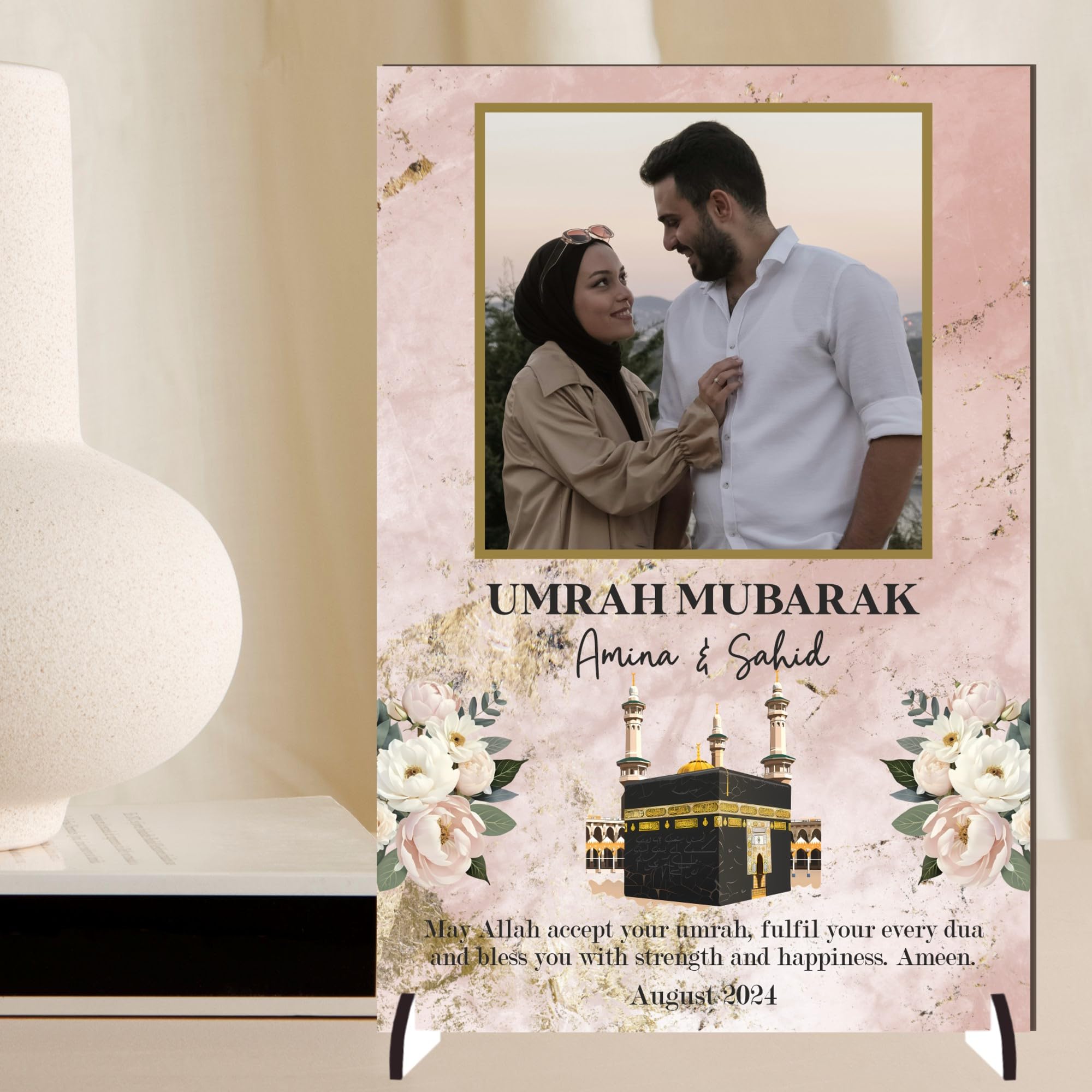 Personalised May Allah Accept Your Umrah Design with Kaaba & Floral Decor Pilgrimage Keepsake Gift for Religious Keepsakes Umrah Mubarak Plaque for Families (Pink, MDF Wood - A5)