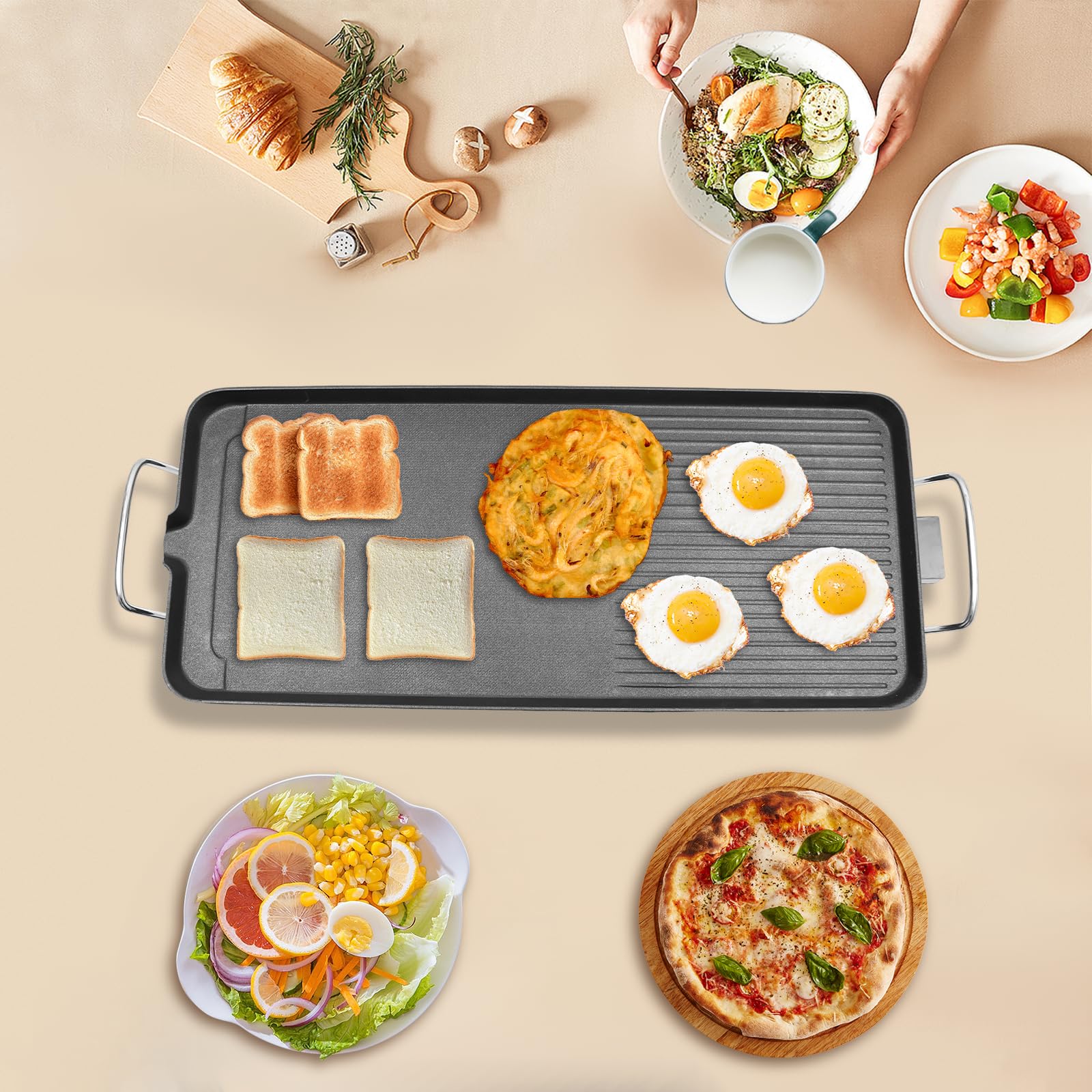 Electric Griddle Flat Grill-1500W Smokeless Grill with Oil Drip Spout & 5 Temp Settings & Non-Stick Surface, 26.77 * 11.02in