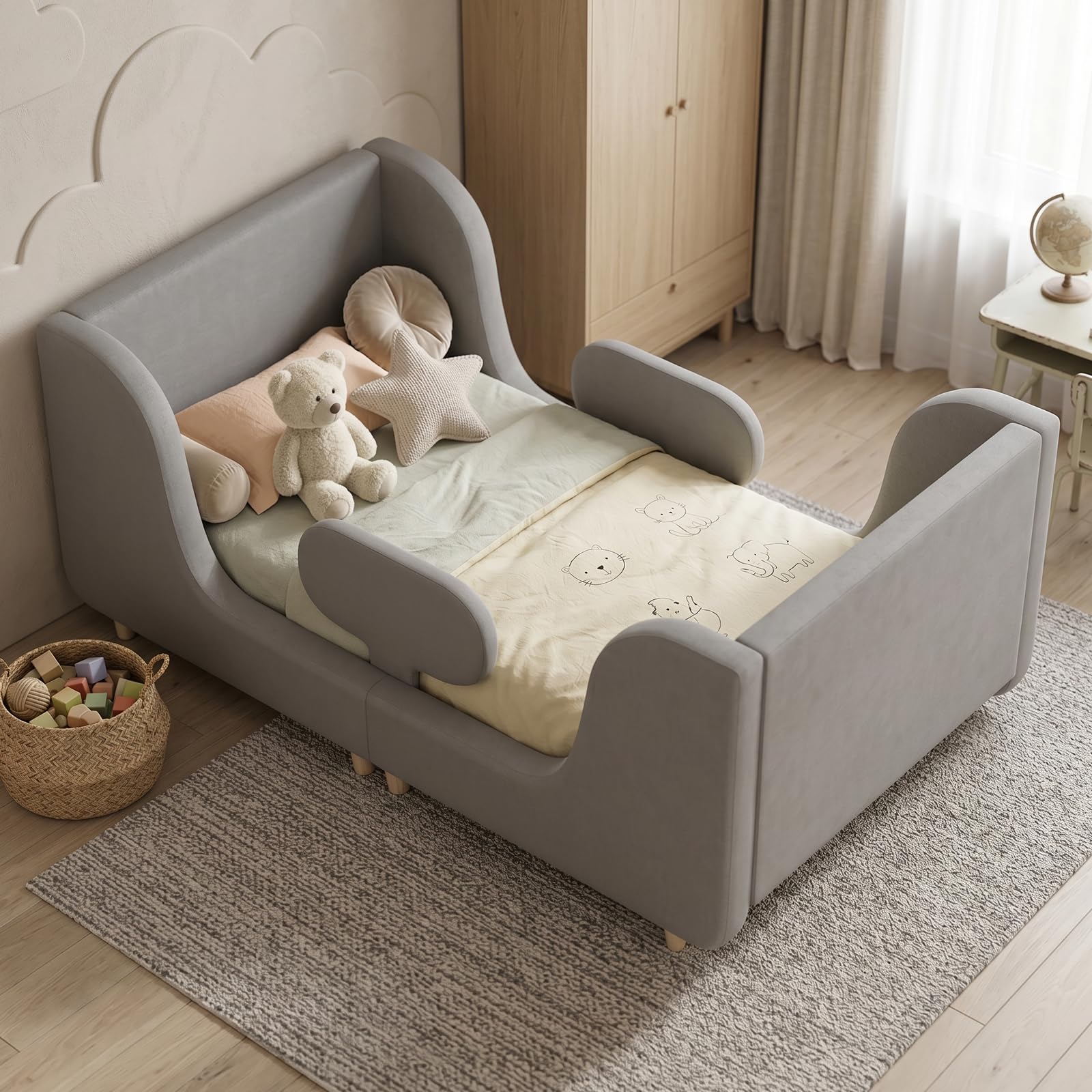 Upholstered Toddler Bed, Kids Floor Bed Frame with Safety Rails,140x70cm