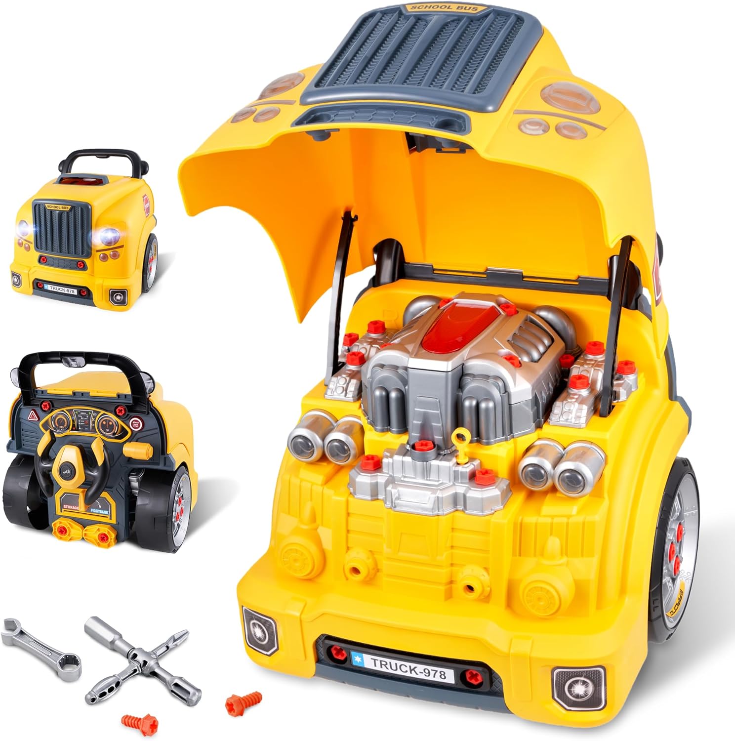 Interactive Truck Engine Toy with Removable Parts – Lights, Sounds, and Fun for Young Mechanics -Unleash Their Creativity and Motor Skills with This Truck Engine Toy (Yellow)