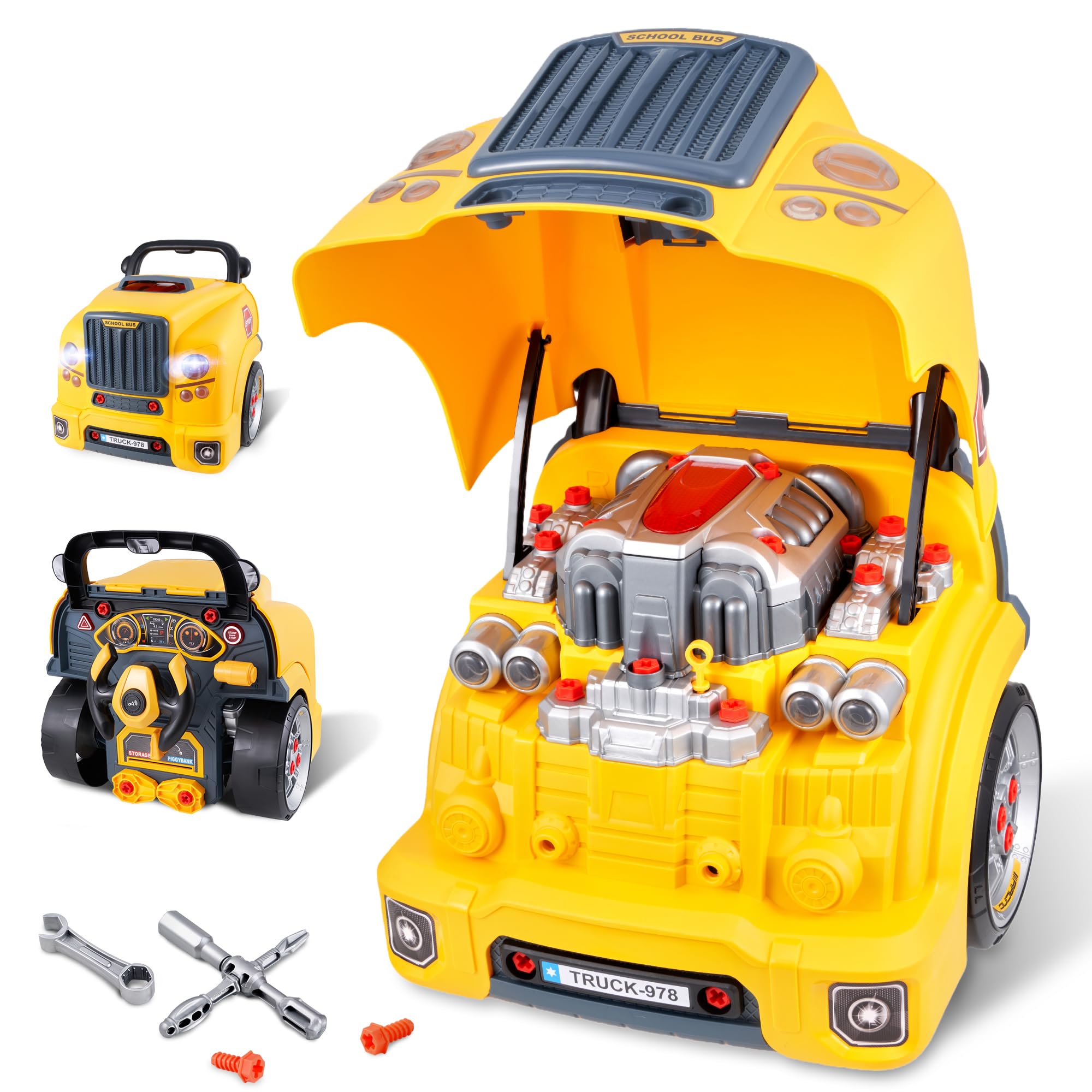 interactive truck engine toy with removable parts - lights, sounds, and fun for young mechanics -unleash their creativity and motor skills with this truck engine toy (yellow)