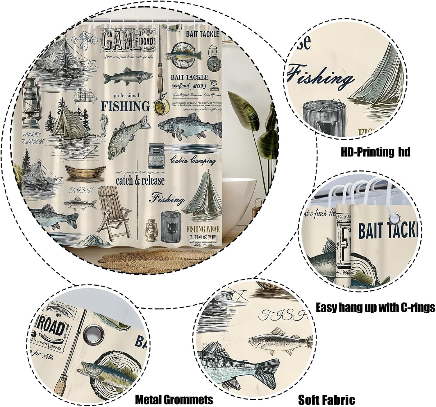 Fish Shower Curtain,Vintage Fishing Cabin Rustic Farmhouse Beige Polyester Bathroom Curtain with 12 Hooks,Bathtub Home Decor,70x84 Inch