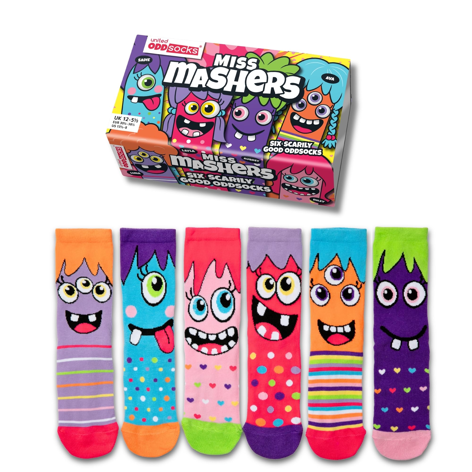 United Oddsocks Miss Mashers- Box 6 Oddsocks For Girls, Multi Coloured, UK 12-5.5, EUR 30.5-38.5, US 13.5-8