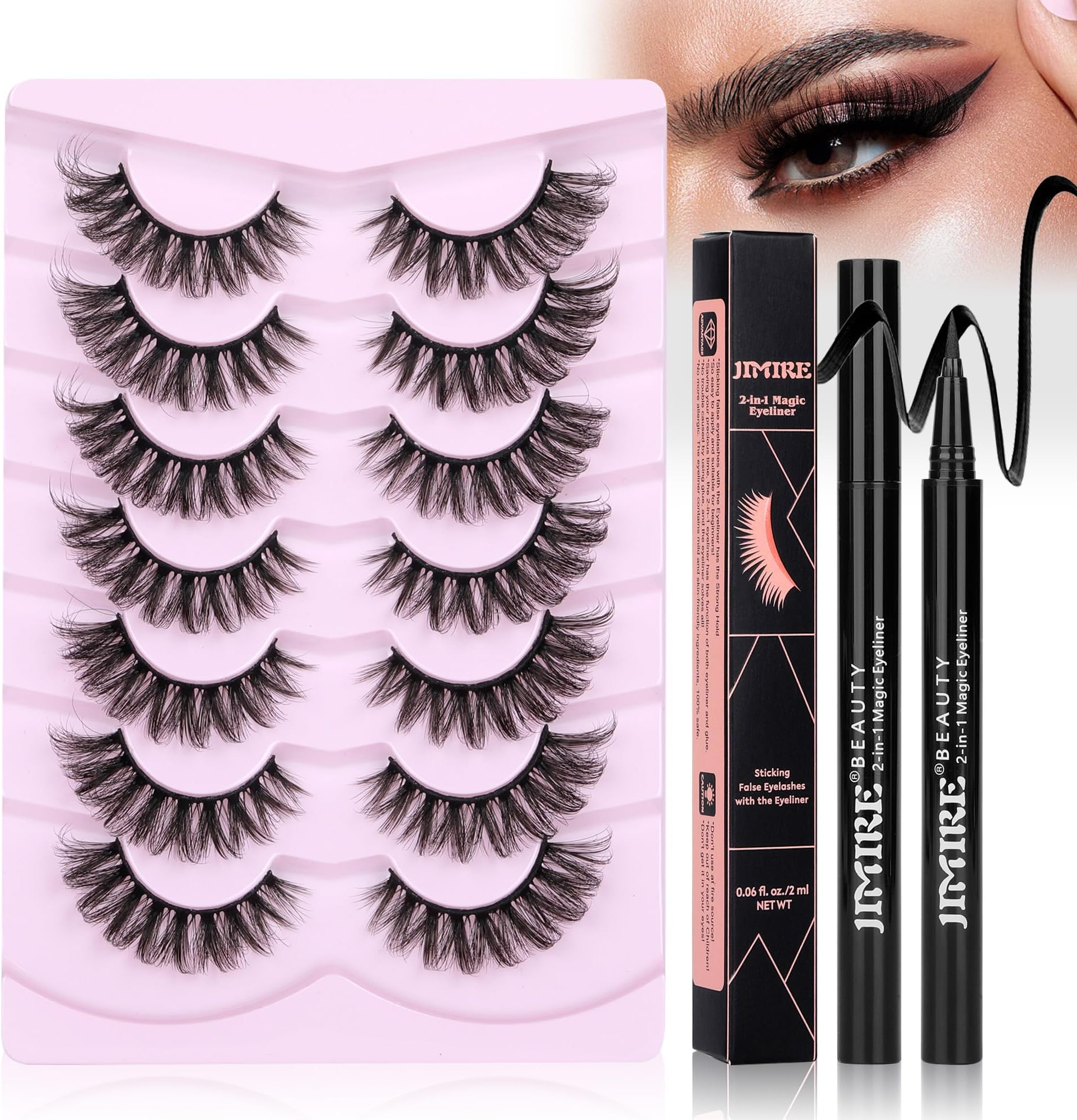 JIMIRE Mink Lashes Fluffy Cat Eye Lashes Wispy 6D Volume False Eyelashes with 2 in 1 Magic Eyelash Glue and Tweezers Kit Look Like Lash Extension 7 Pairs Pack
