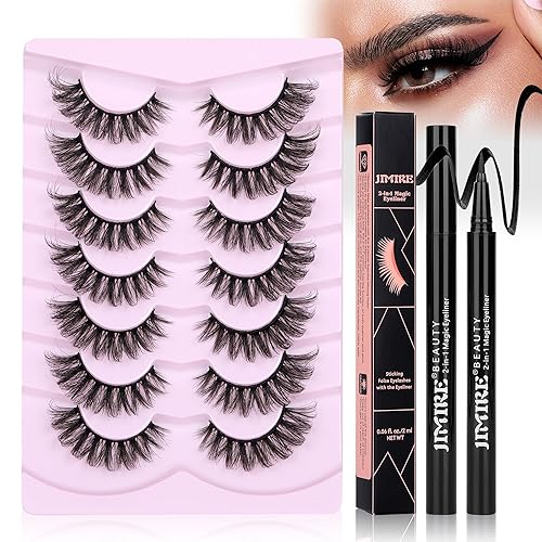 JIMIRE Pestañas de visón esponjosas de ojo de gato, pestañas postizas de volumen 6D con pegamento mágico 2 en 1 y kit de pinzas que parecen