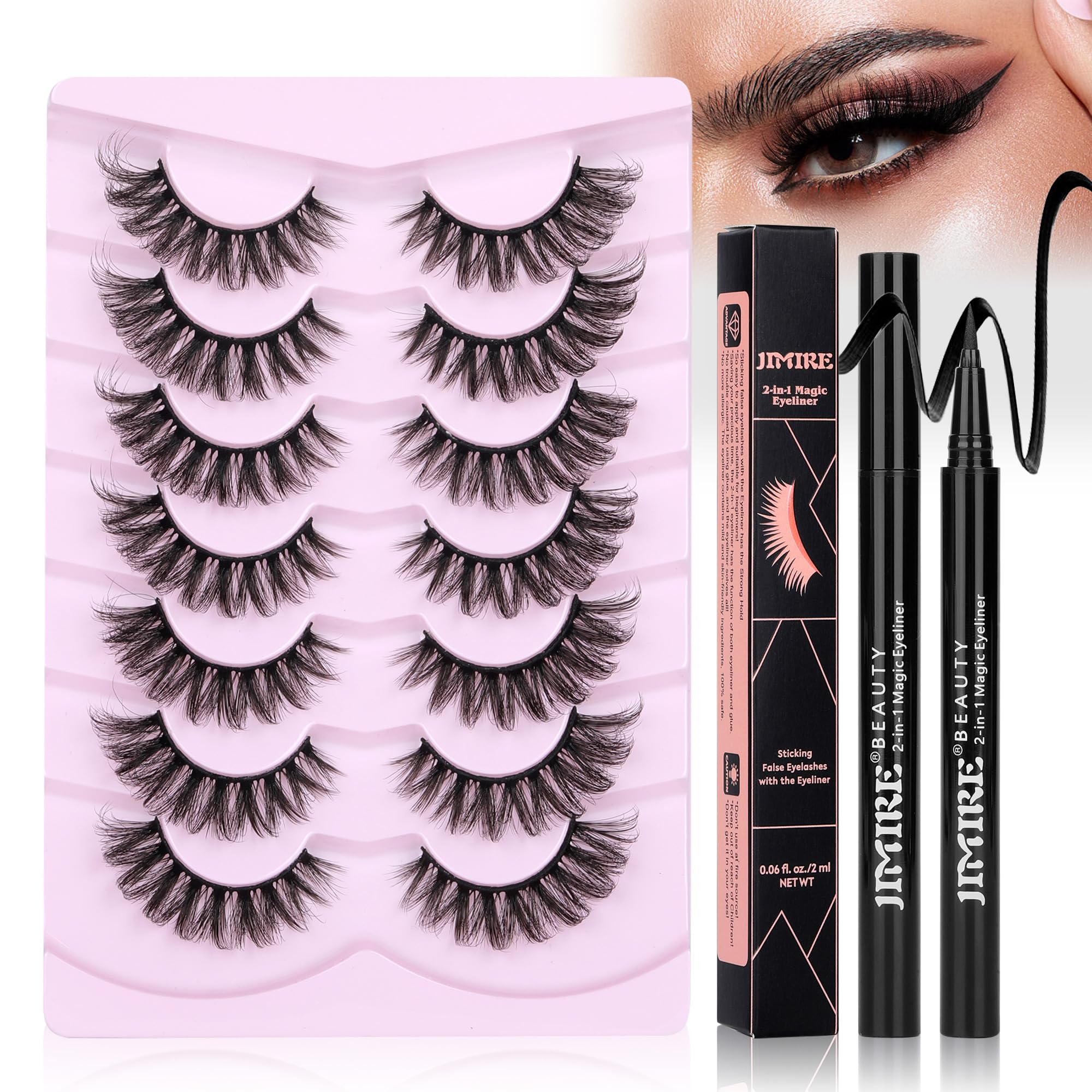 JIMIRE Mink Lashes Fluffy Cat Eye Lashes Wispy 6D Volume False Eyelashes with 2 in 1 Magic Eyelash Glue and Tweezers Kit Look Like Lash Extension 7 Pairs Pack