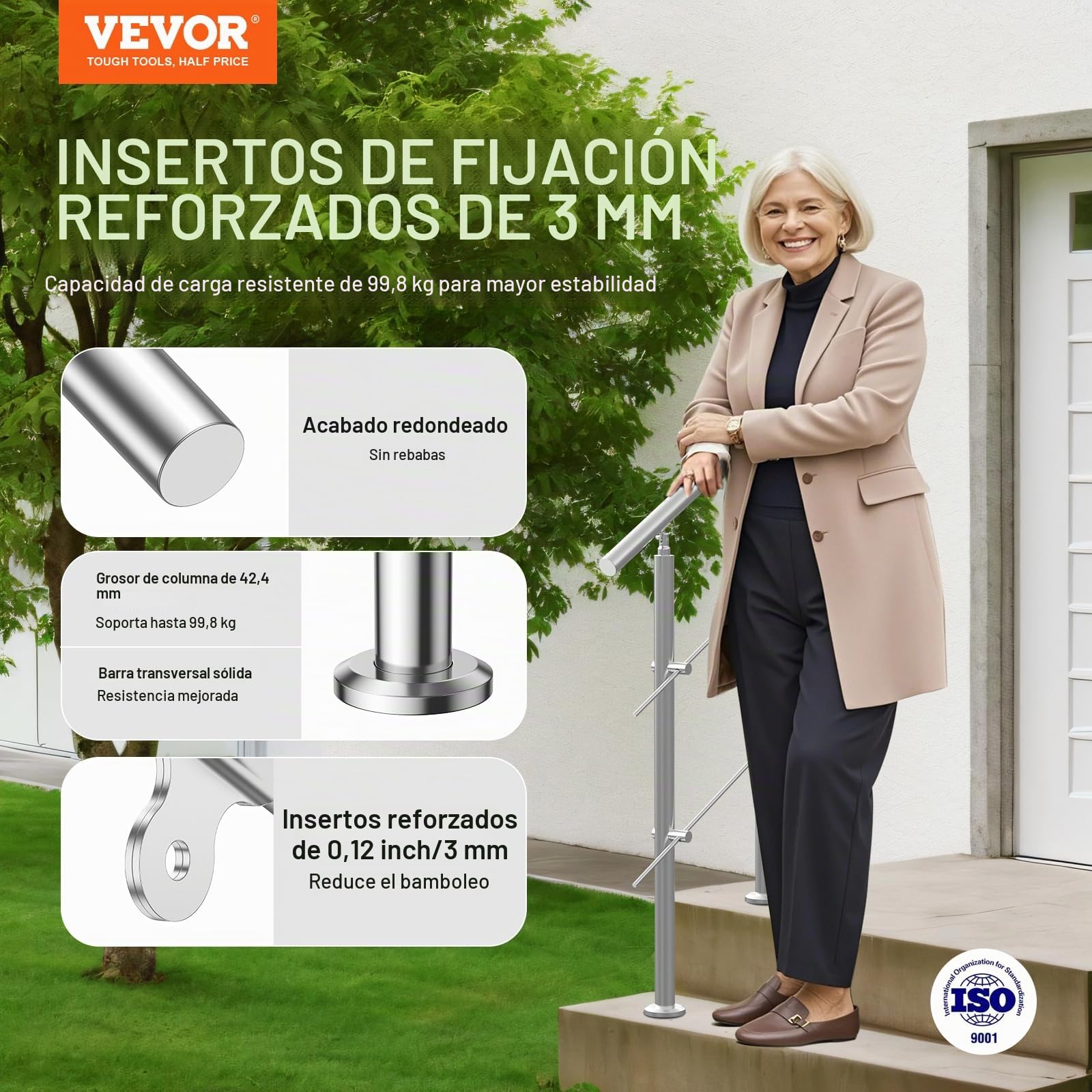 VEVOR Pasamanos de Escalera 80 cm Barandilla de Escalera para Escalones Exteriores de Acero Inoxidable 2 Travesaños con Kit de Instalación Barra de Agarre para Personas Mayores, Porche, Patio