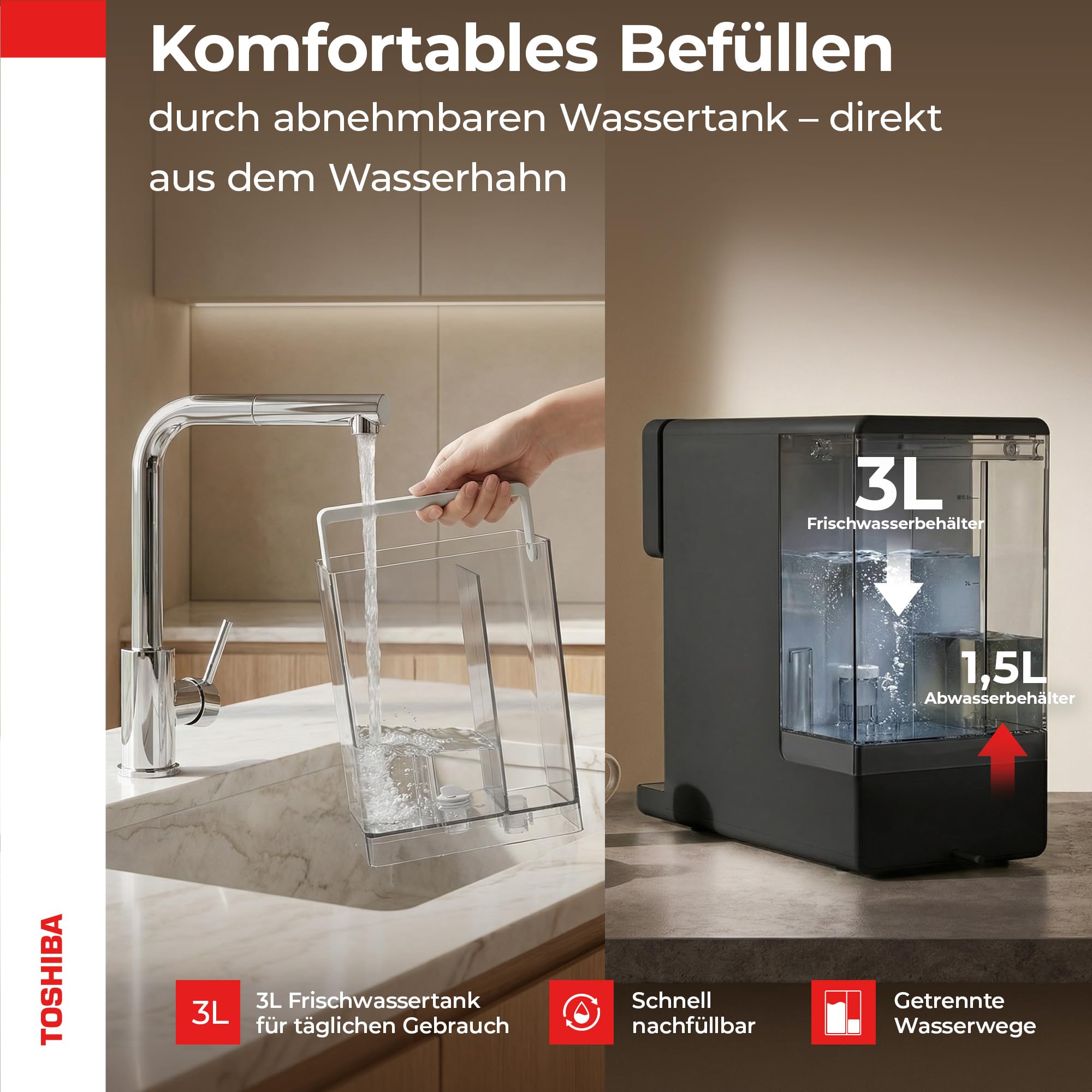 Toshiba Osmoseanlage Umkehrosmoseanlage Heißwasserspender Auftisch Keine Installation Mehrfach-Filterung Mineralisierung UV Licht NSF zertifiziert