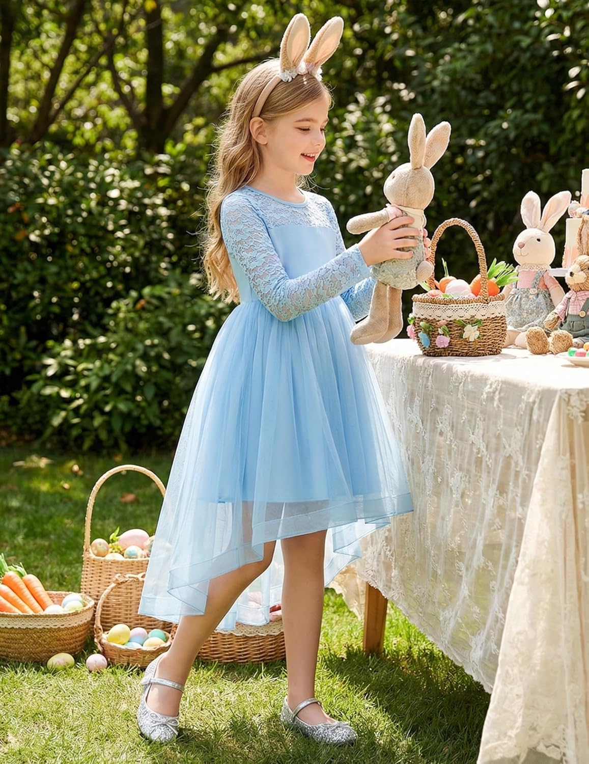 Arshiner Flower Girl Lace Tutu Dresses High Low Hem Long Sleeve Flowy Formal Party Wedding Dress - Image 4