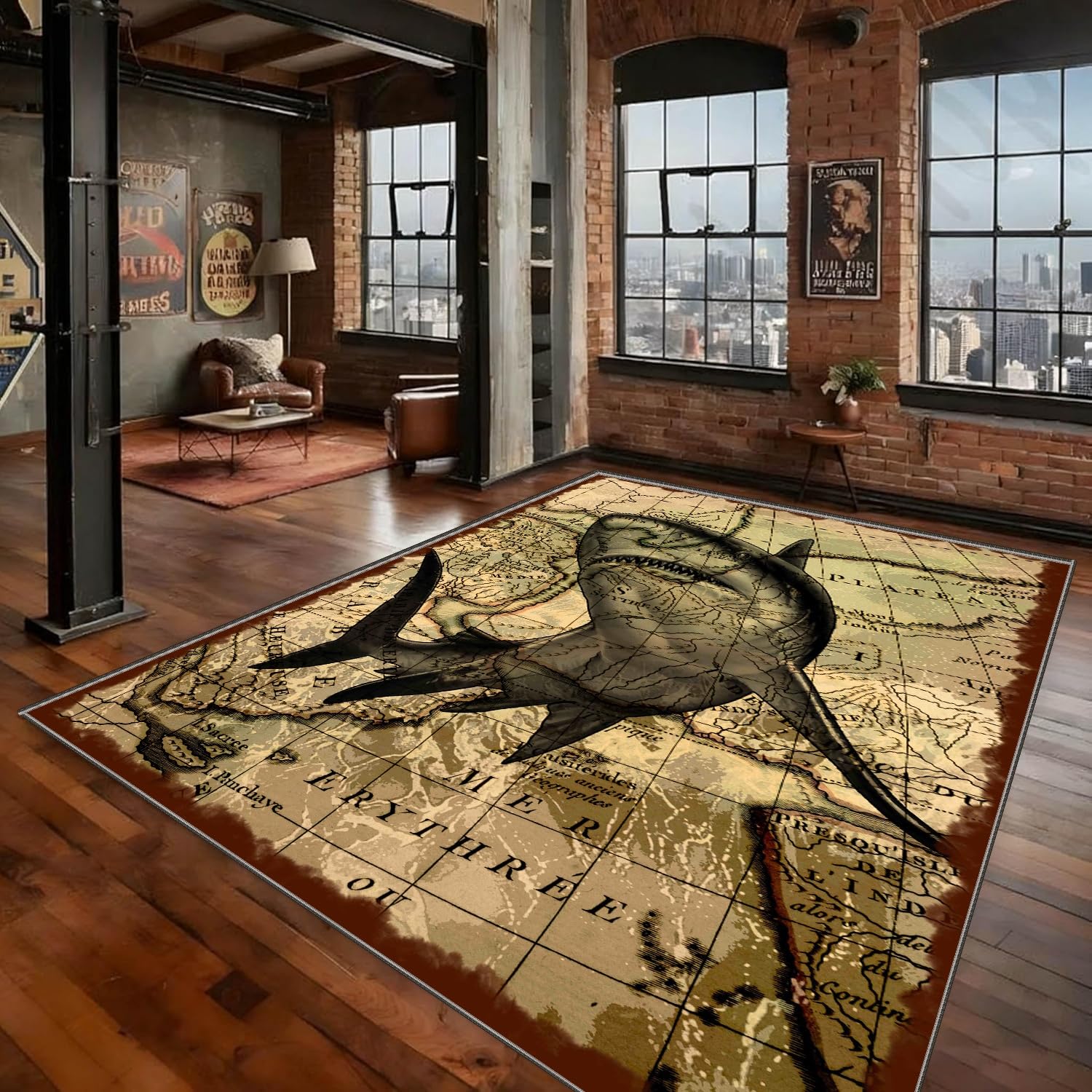 PDENZG 3D Optical Illusion Shark Rug,160x200cm,Shark Decor Ocean Area Rug,Vintage Nautical Decor World Map Nautical Rugs, Non-Slip Soft Washable Coastal Rugs for Bedroom Living Room Office