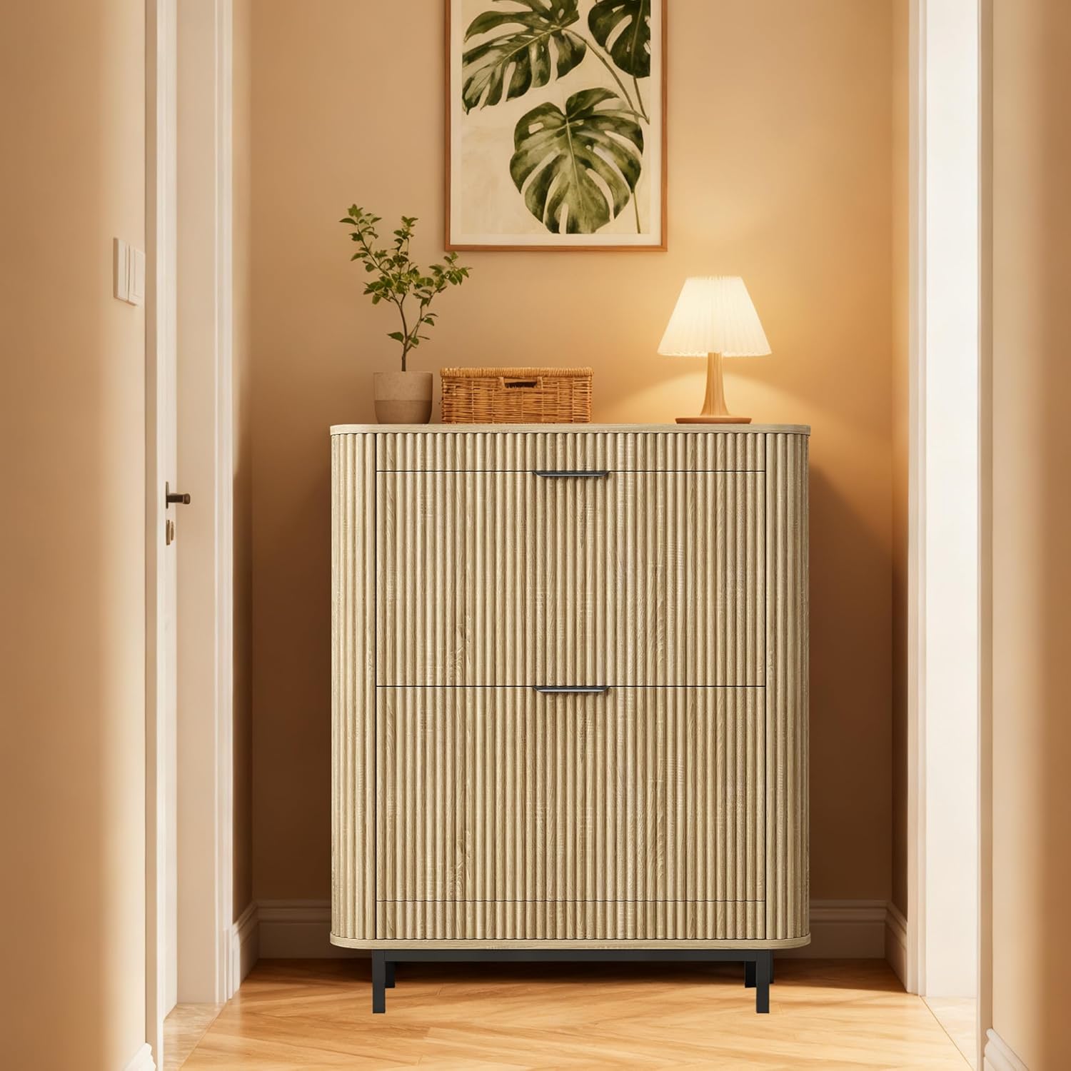37.68" H Fluted Shoe Cabinet, Freestanding Hidden Organizer with 2 Flip Drawers & Open Storage, Modern Curved Shoe Storage Cabinet, Wooden Shoe Rack for Entryway, Hallway, Foyer, Natural-1