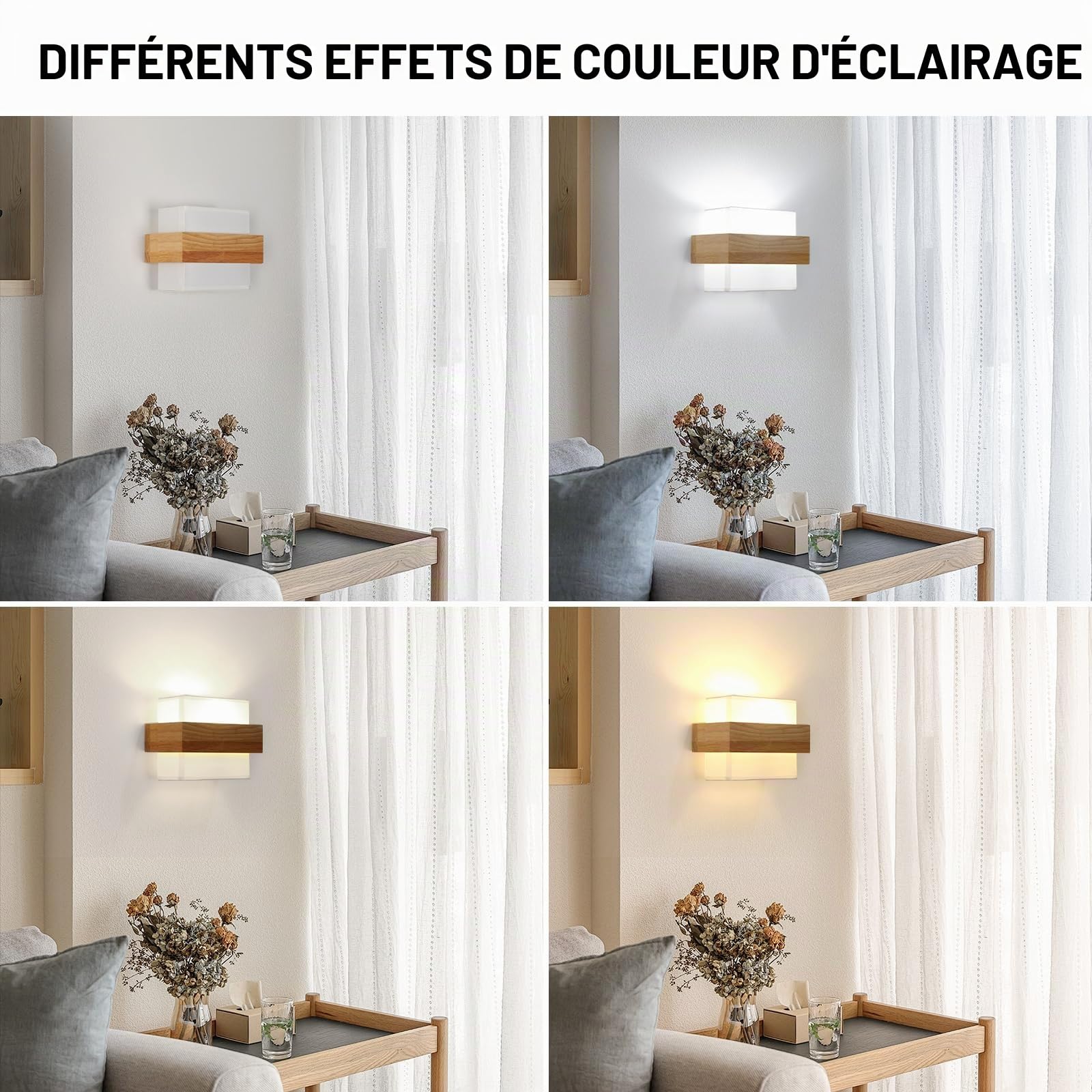 Riserva Applique Murale Intérieur Vintage E27 Bois, Abat-Jour Tissu, Carré