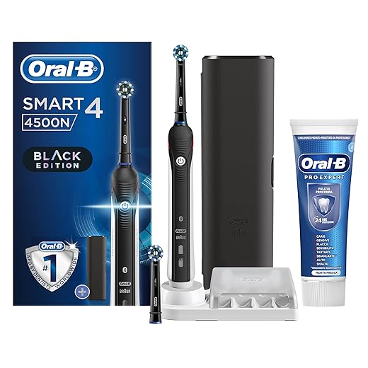 Oral-B Spazzolino Elettrico Ricaricabile Smart 4 4500 Nero, 2 Testine, 1 Custodia da viaggio, 1 Spazzolino +1 Dentifricio Pro-Expert Pulizia Profonda