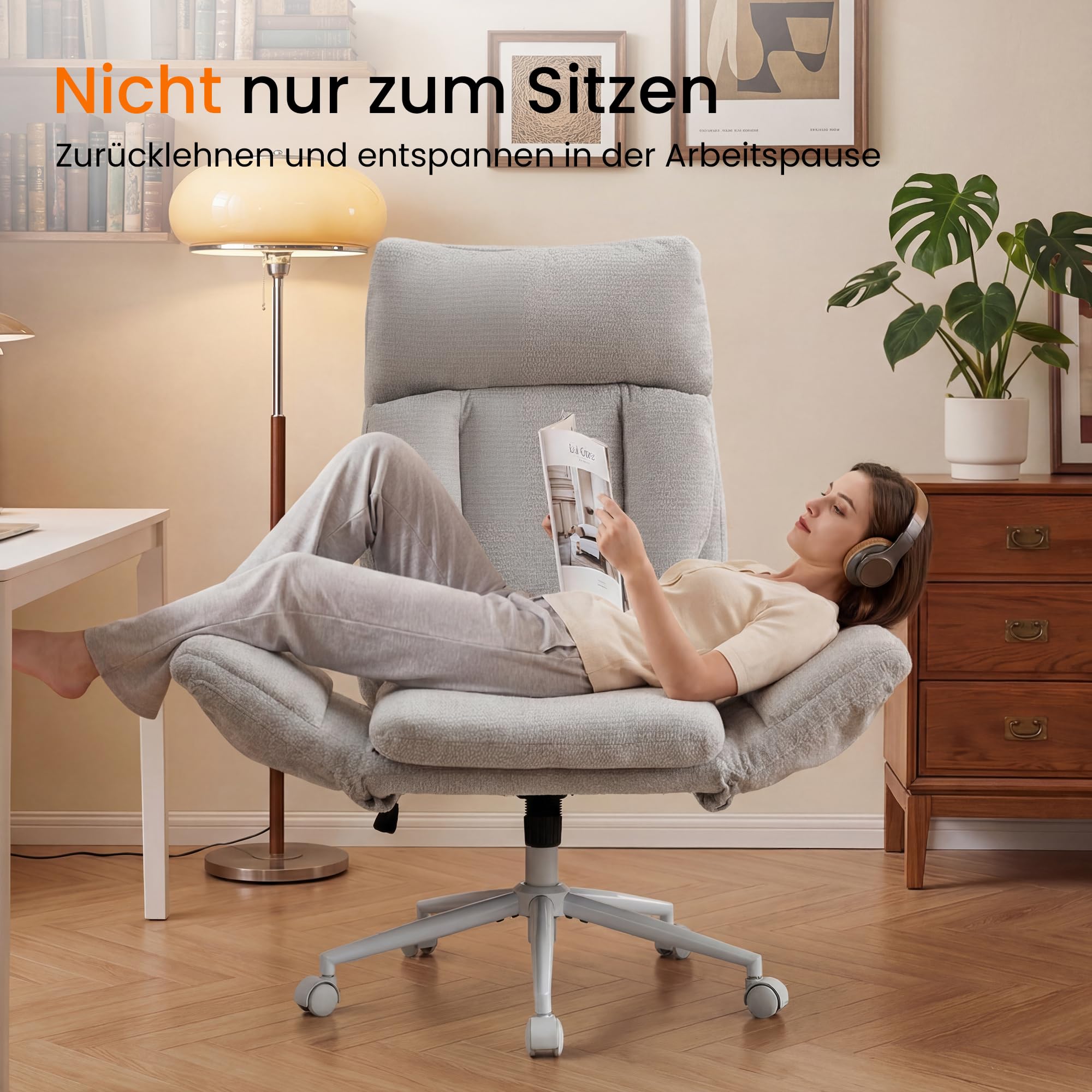 Großer Bürostuhl ergonomisch, Chefsessel mit klappbaren Armlehnen, höhenverstellbar Schneidersitz Schreibtischstuhl mit Rollen, Chenille Drehstuhl mit Verstellbarer Lendenstütze, Grau