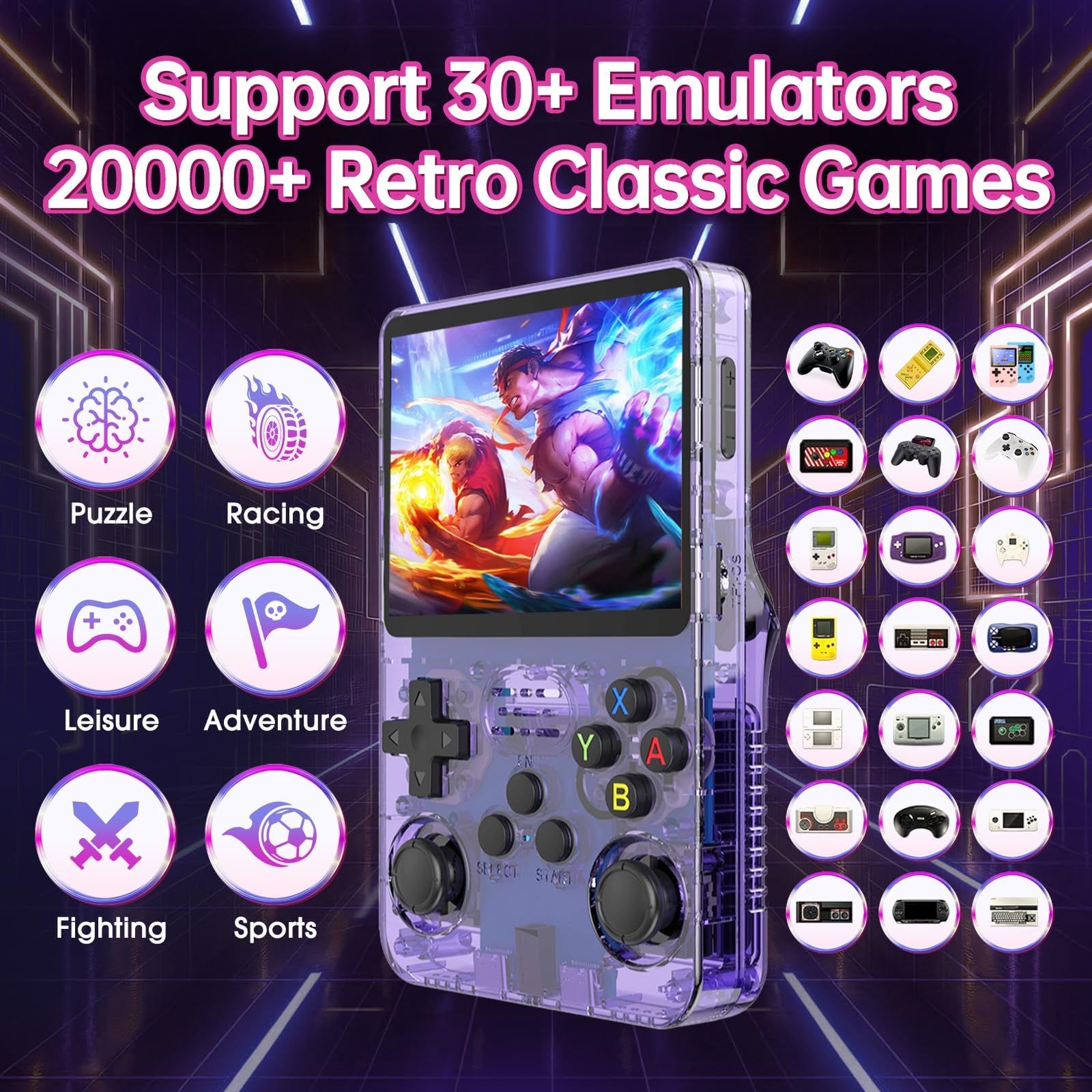 R36S Retro Handheld Spielkonsole, 3,5 Zoll IPS-Bildschirm, 128 GB Speicher, 20.000 Vorinstallierte Spiele, Linux System, Tragbare Handheld Konsole (Lila)