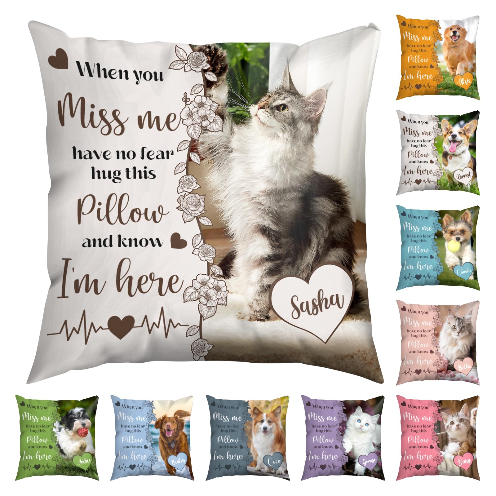 Jodimitty Pet Memorial Personalised Cushion with Photo & Name 50x50cm | Double-Sided Prints | Optional Cushion Insert, Personalised Dog Cushion, Cat Dog Memorial Gifts for Loss of Pet (D)