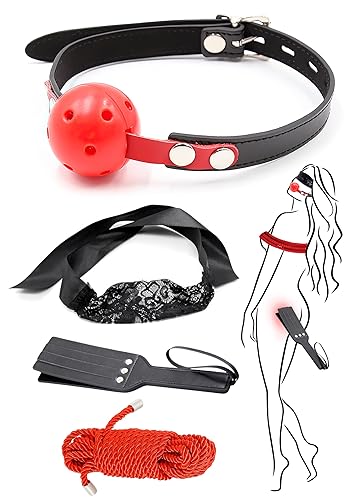 Satin Eye Mask Blindfold, Silk Soft Braided Rope Twisted Cord Long Rope 17 feet, Faux Leather Short Paddle for Adults, Breathable Mouth Ball Adjustable Strap