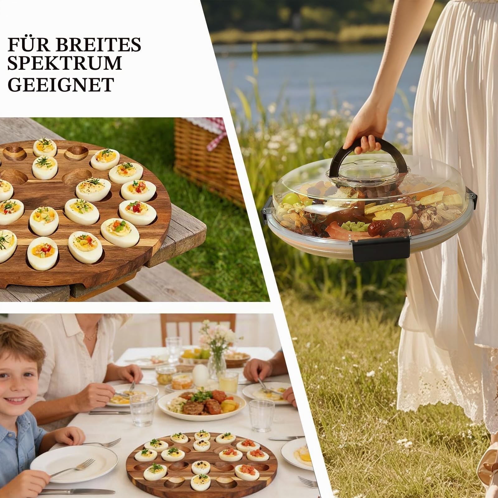Eier Servierplatte mit Deckel, Servierplatte mit Fächern, Gefüllte Eier Servierplattes, Bambus Servierplattes, mit 24 Fächern und Klarem Acryl-Deckel, mit Tragegriff, für Snacks, Partys