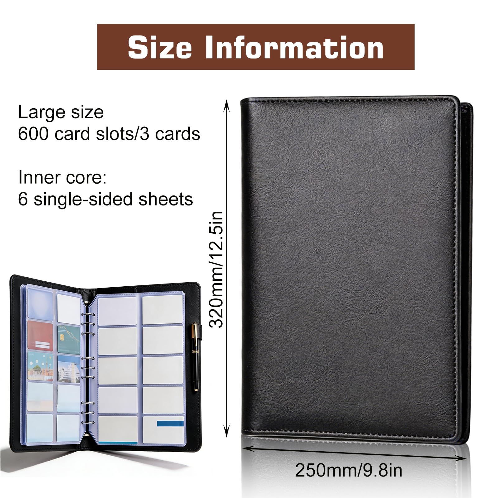 Raccoglitore per biglietti da visita, 30 pagine di ricarica, capacità 600 carte, pelle PU premium, raccoglitore per biglietti da visita salvaspazio, design di caricamento laterale per ufficio