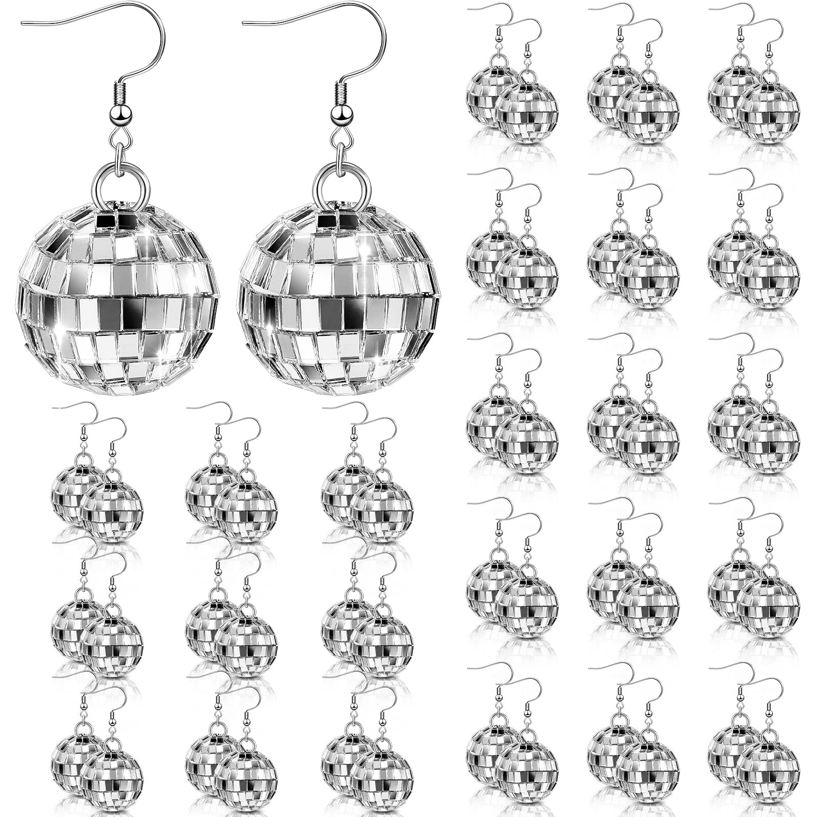 Kigeli 24 Pairs Disco Ball Earrings for Women Mirror Ball Silver Earrings Bulk Retro 70s Party Accessories Cowgirl Hippie Jewelry Dangle Disco Party