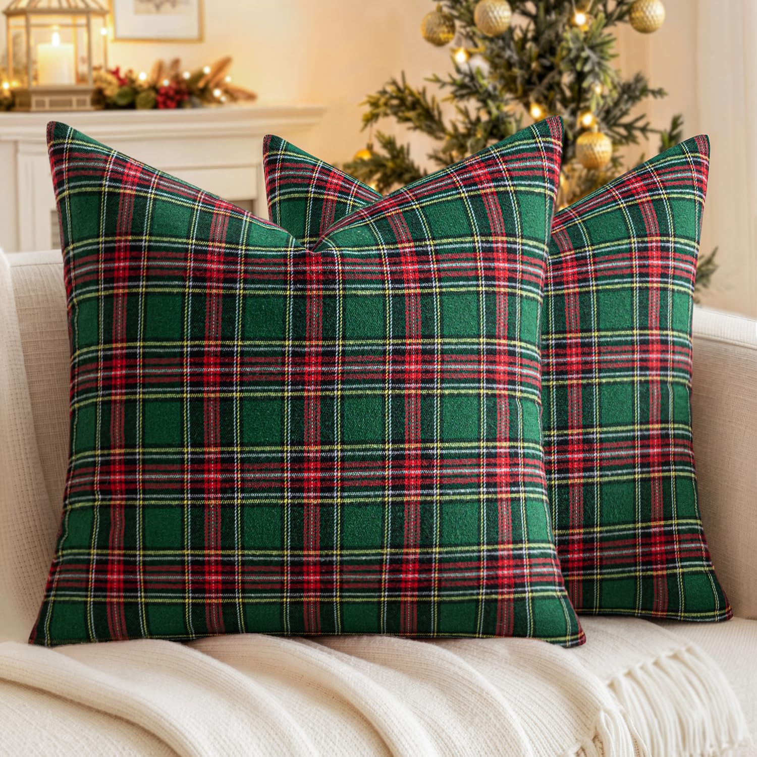 MIULEE Christmas Plaid Pillow Covers Scottish Tartan 20x20 Red and Green | Set of 2 Christmas Decorations Cushion Covers, Farmhouse Winter Home Decor, for Thanksgiving Sofa Couch Bed Living Room