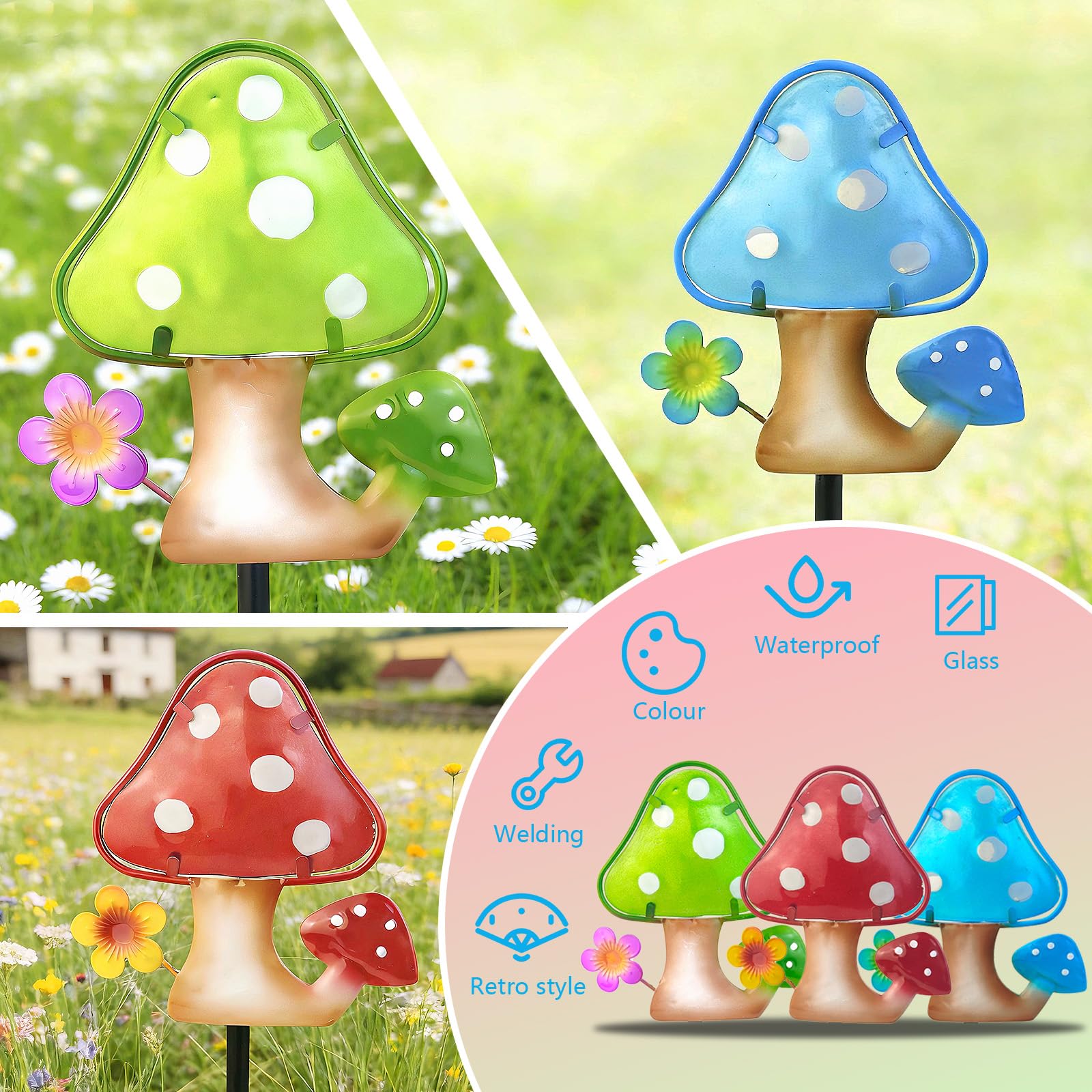 Mushroom Garden Stakes Set of 3 Metal Glass 10" Outdoor Yard Lawn Decor view 4