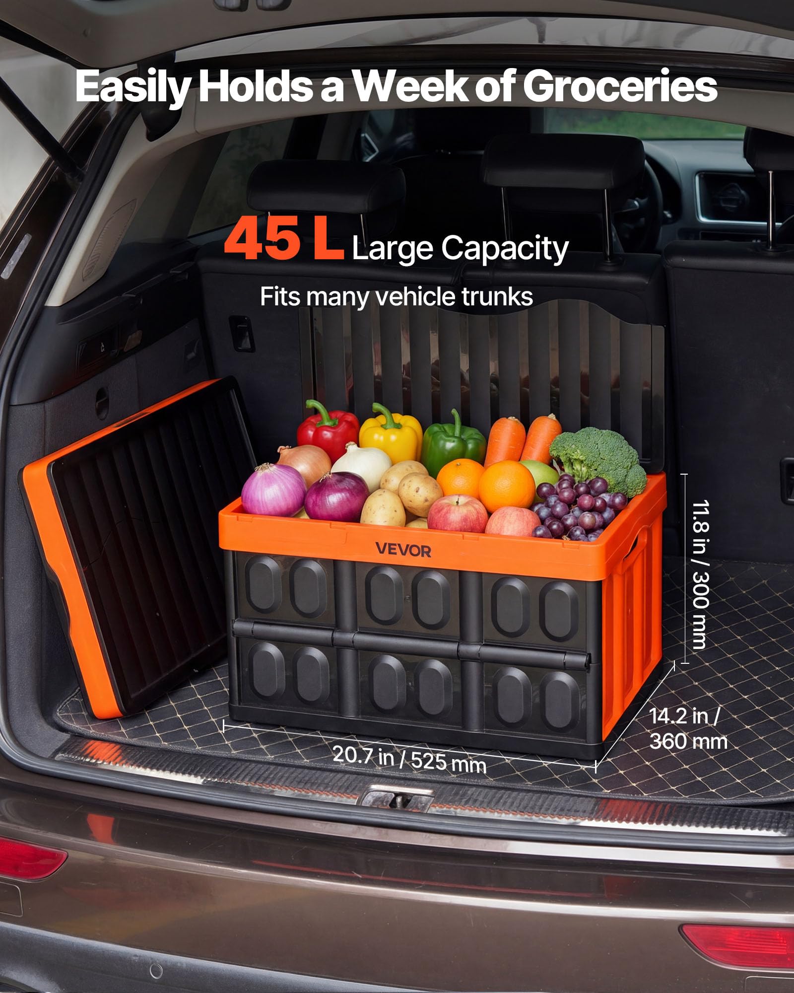 VEVOR Klappbox 45 L 3er-Pack, Faltbare Aufbewahrungsboxen aus Kunststoff, Stapelbare Klappkörbe mit Deckel, Tragkraft 20 kg pro Box, Klappkiste, Ideal für Haushaltsorganisation, Orange & Schwarz