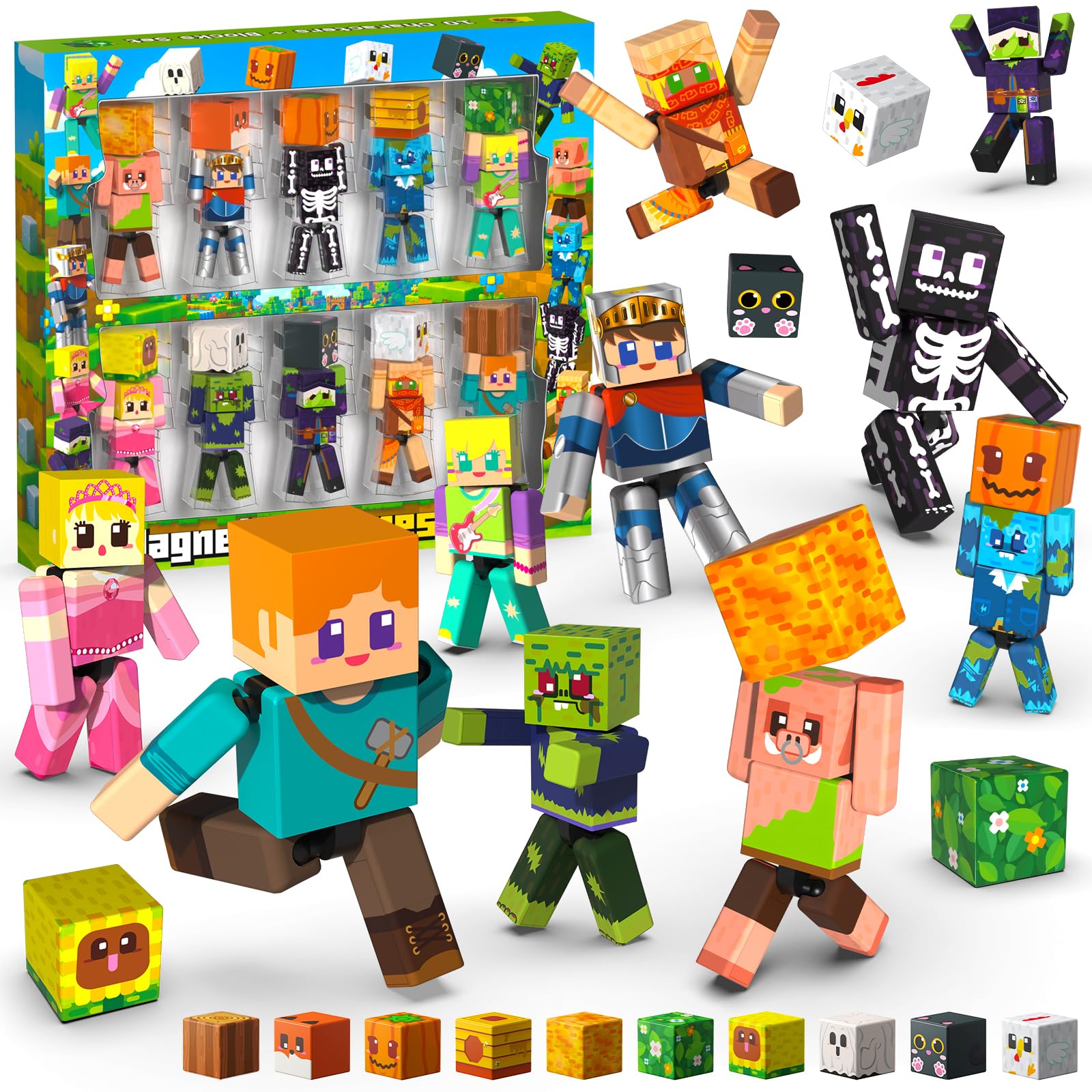 Magnetopia 20-Piece Rotatable Magnetic Action Figures with Magnetic Building Blocks Set - Creative STEM Magnet Figures Playset Character Toys for Kids, Birthday Gift for Toddlers Boys Girls Ages 6+