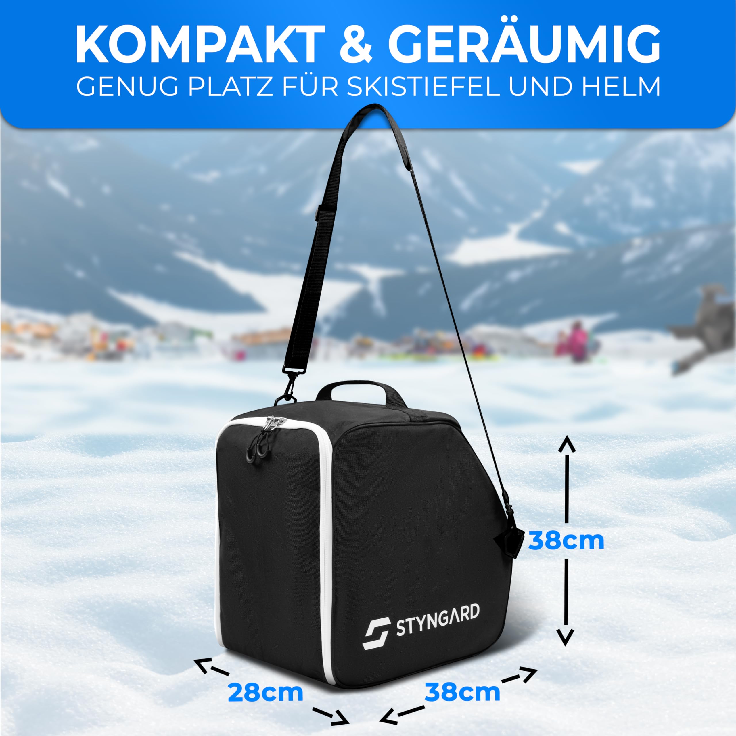 STYNGARD Skischuhtasche mit Helmfach und Stiefelfach [40 L] - Ski Stiefeltasche mit Umhängefunktion und Stauraum für Skizubehör - Tasche für Skischuhe Modell Zermatt