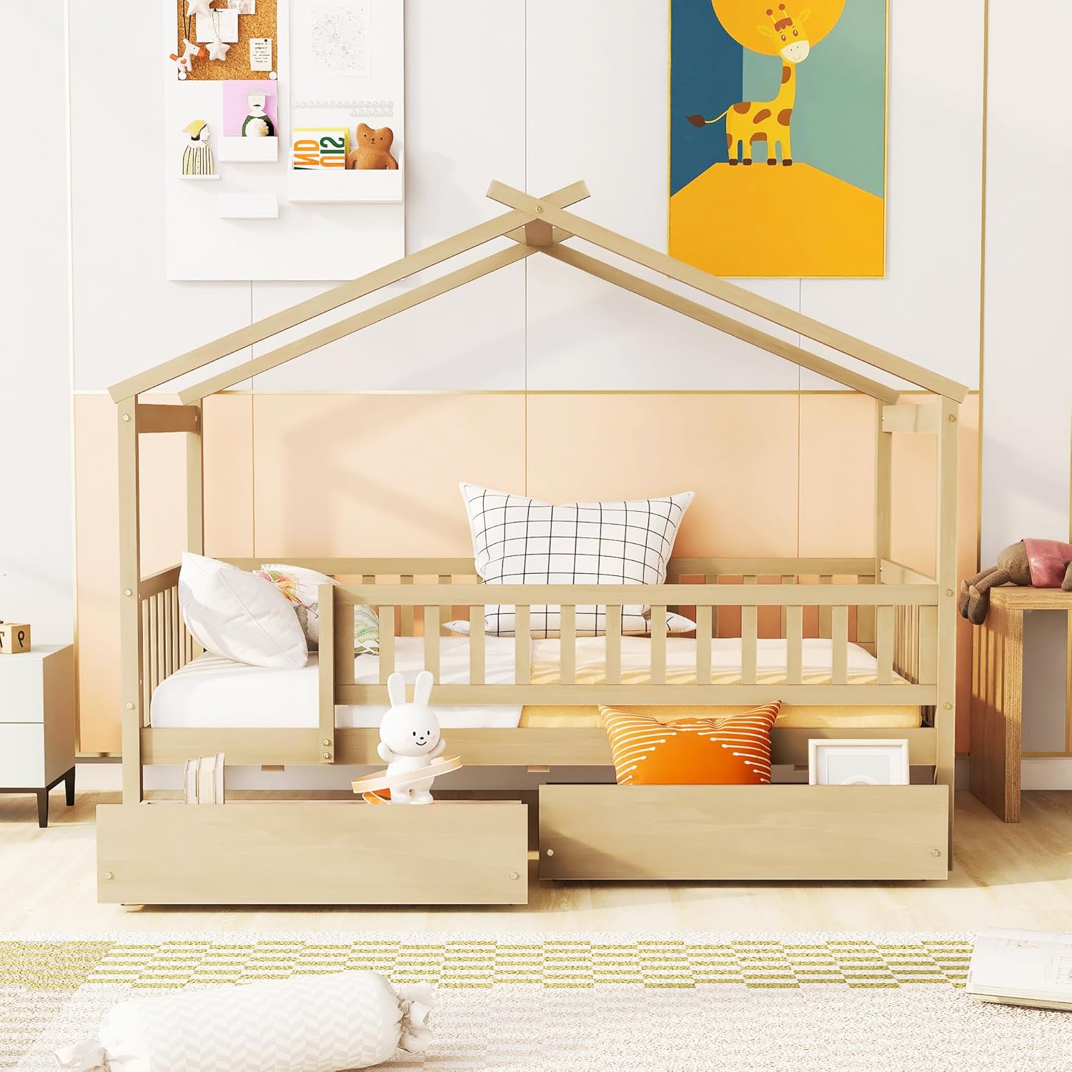 Merax Twin Size Wooden House Bed with Two Drawers, Wood Bed Frame with Roof and Safety Guardrail for Kids, Teens, Boys or Girls, Natural