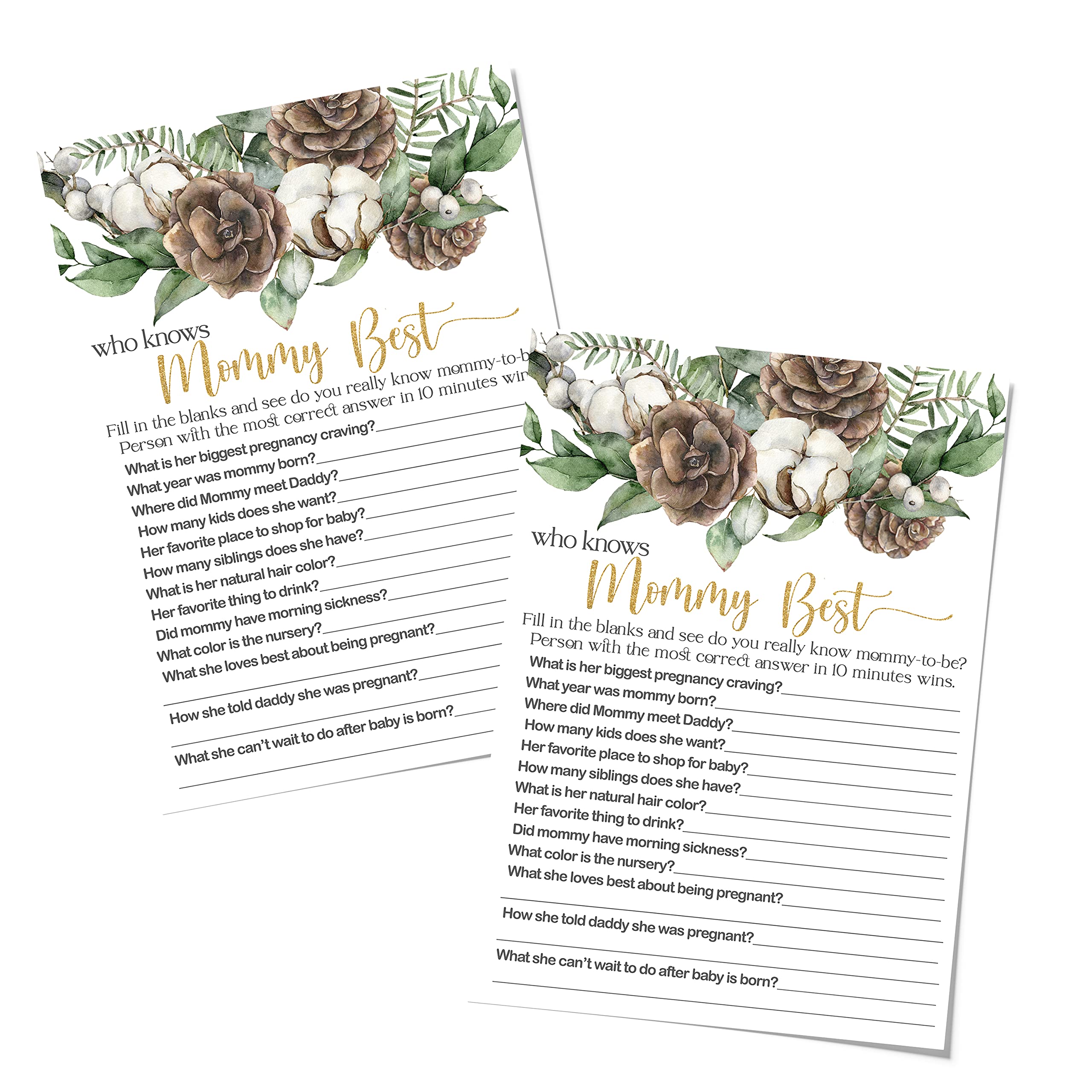 Winter Pine Who Knows Mommy Baby Shower Game Pack (25 Cards) Gender Reveal Activity Girl or Boy – Christmas Eucalyptus Theme Supplies (5 x 7 Inches) Paper Clever Party